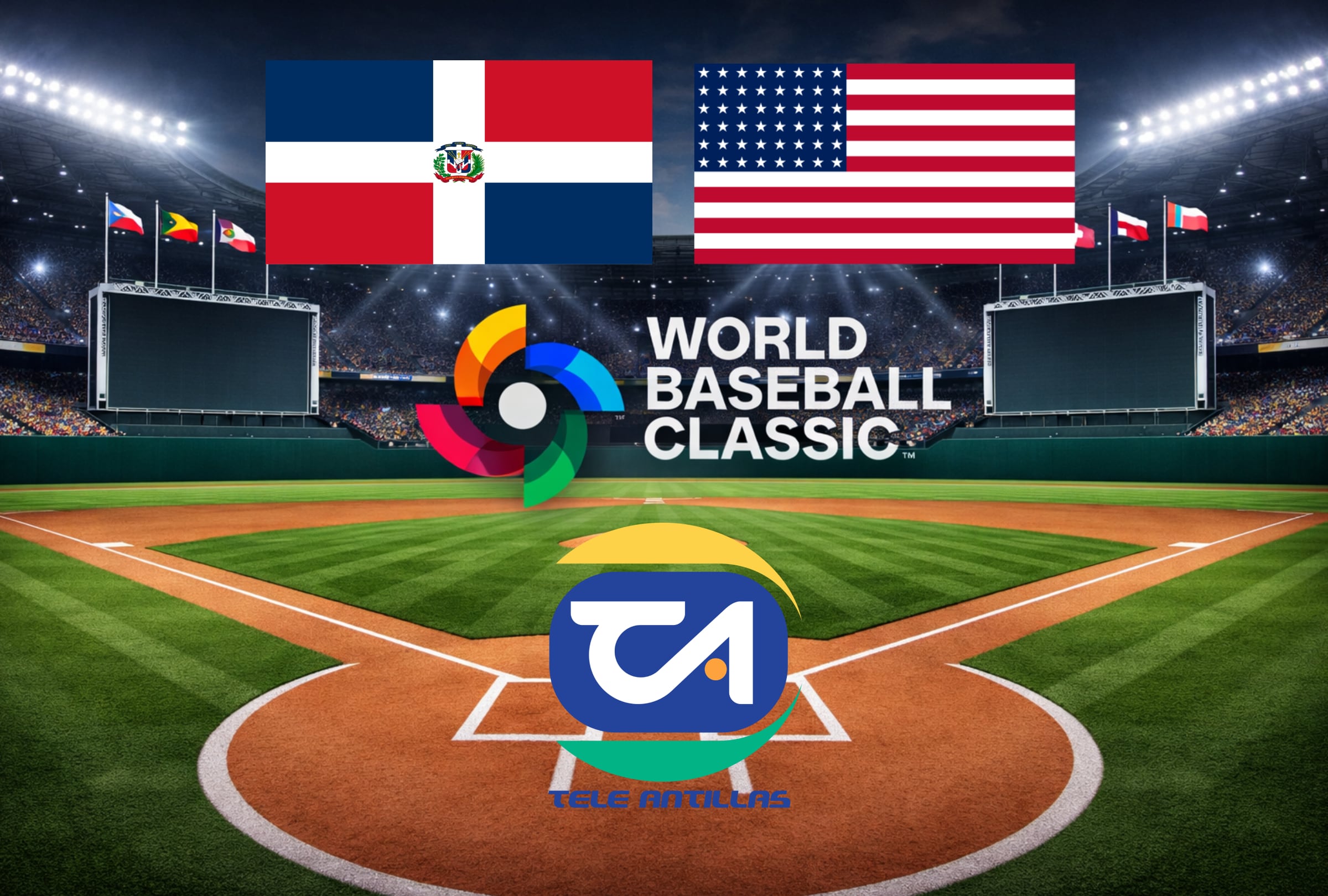 MIAMI, FLORIDA (ESTADOS UNIDOS), 15/03/2026.- Cobertura oficial de Canal 10 de Teleantillas EN VIVO GRATIS para ver el juego de República Dominicana (RD) vs. Team USA (Estados Unidos) este domingo 15 de marzo por la semifinal del Clásico Mundial de Béisbol 2026 desde el LoanDepot Park de Miami, Florida. FOTO CREADA POR NOÉ YACTAYO CON CHATGPT PARA GESTIÓN MIX