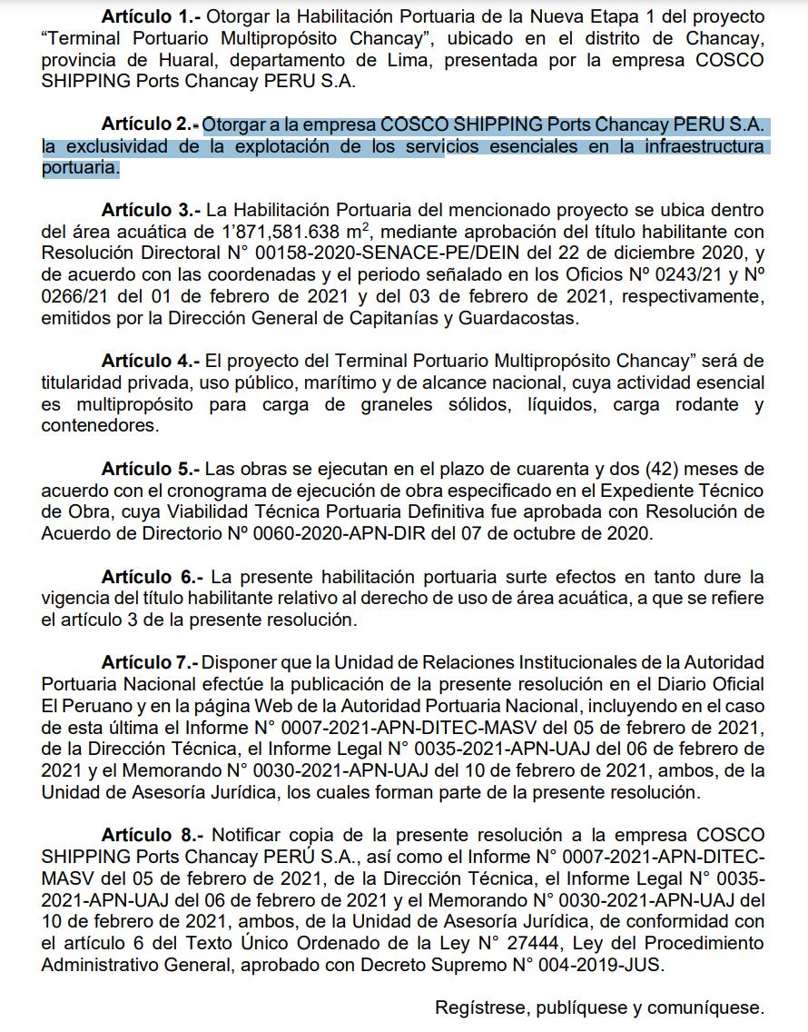 Acuerdo de Directorio APN. Fuente: Acuerdo N° 0008-2021-APN-DIR