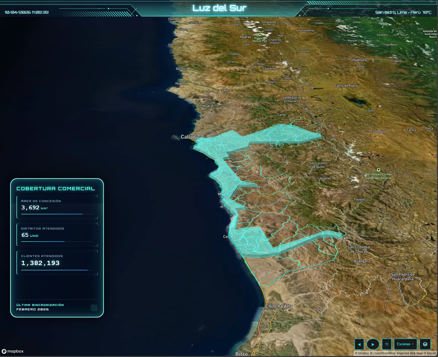 Mapa de la zona de concesión de Luz del Sur, que abarca desde el Centro Histórico de Lima hasta Cañete, con más de 1.4 millones de usuarios.