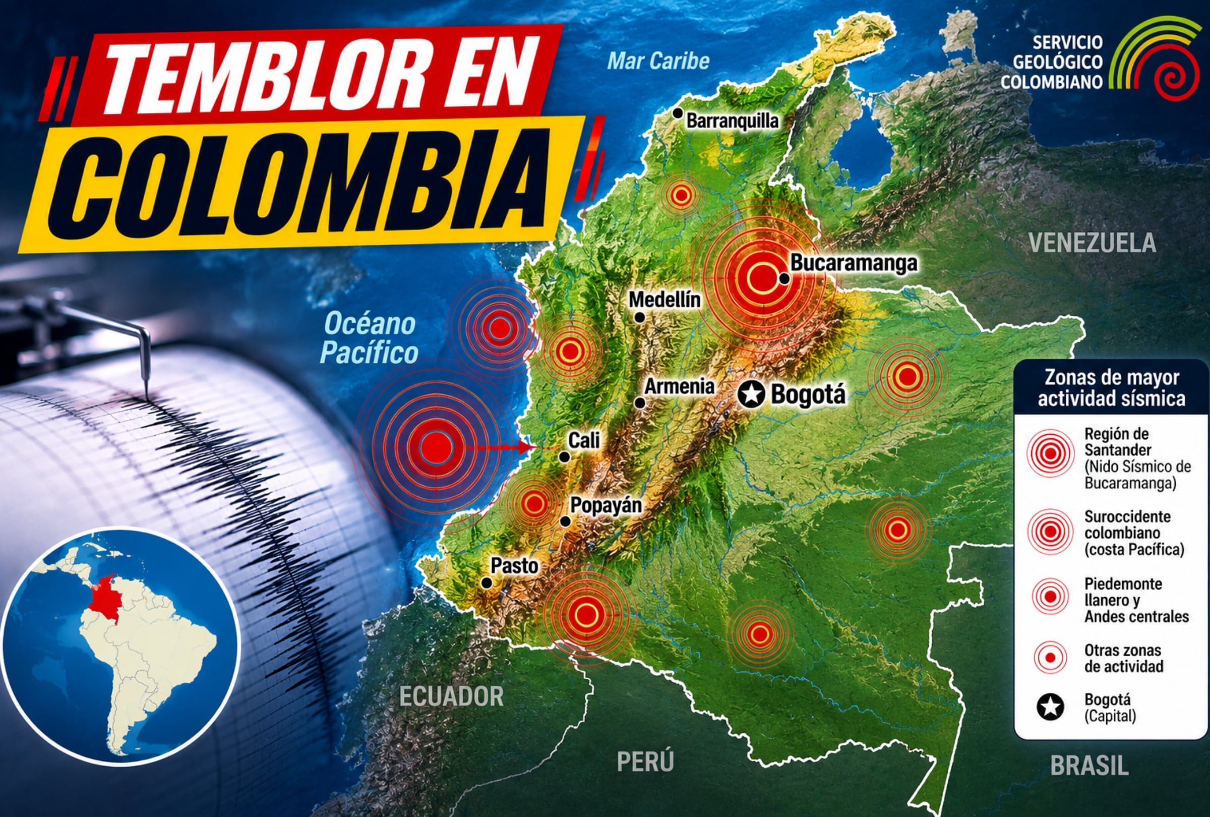 BOGOTÁ (COLOMBIA), 24/08/2026.- Te compartimos los datos sobre dónde y a qué hora fueron registrados los últimos temblores en Colombia este lunes 24 de agosto, así como su magnitud, profundidad y epicentro, según el reporte del Servicio Geológico Colombiano (SGC). FOTO DE NOÉ YACTAYO CON DATOS DEL SGC DE COLOMBIA