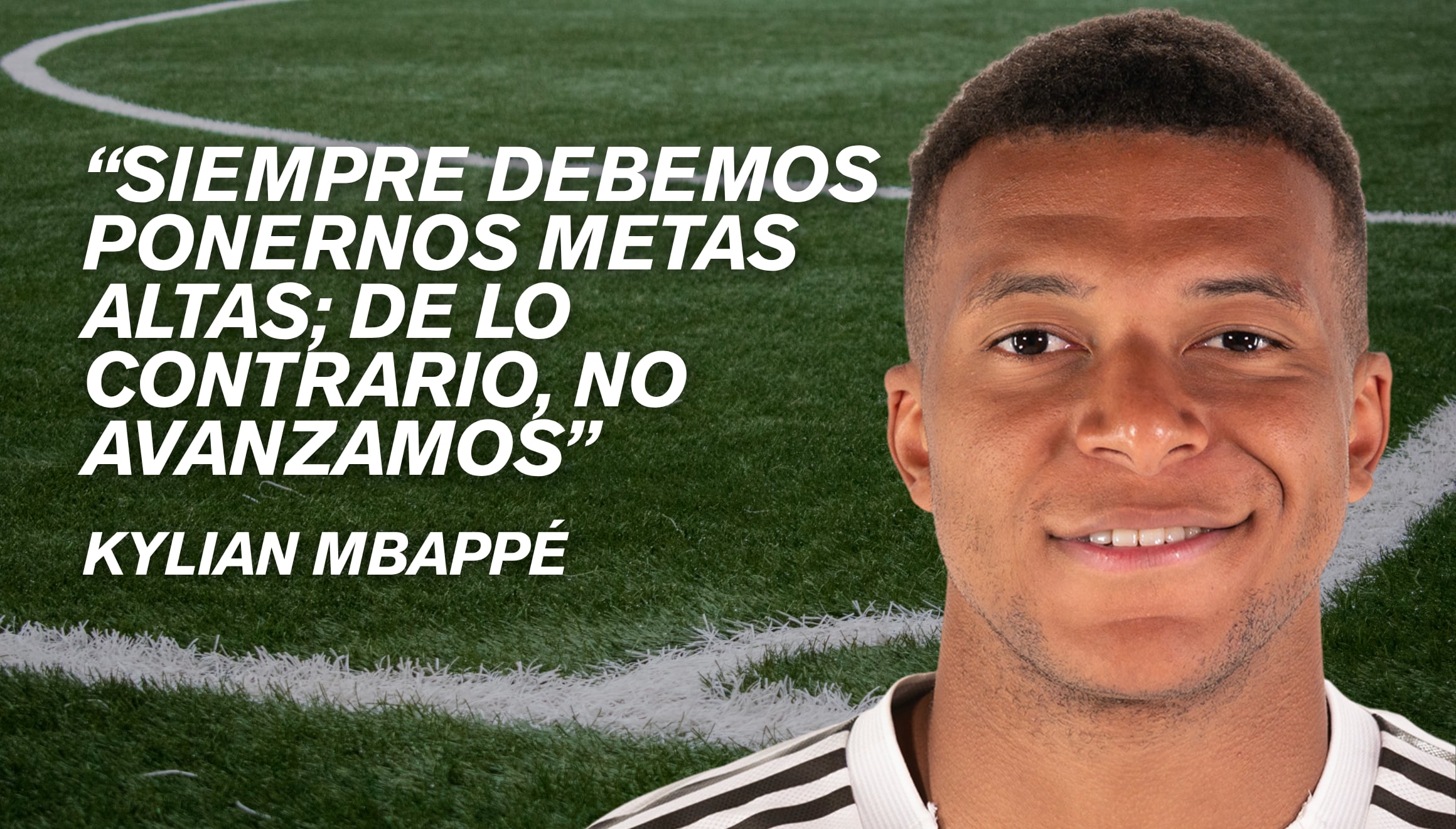 El delantero francés Kylian Mbappé destaca la importancia de fijar ambiciones elevadas en el fútbol de élite para mantener un desarrollo profesional constante. | Crédito: laliga.com / Composición Gestión Mix