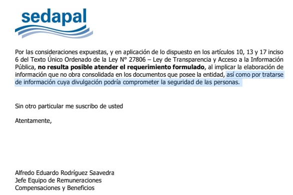 Parte de la respuesta que brindo Sedapal al pedido por Transparencia. Fotocaptura: Memorando N° 204 - 2026-ERCB de Sedapal/Alessandro Azurín.