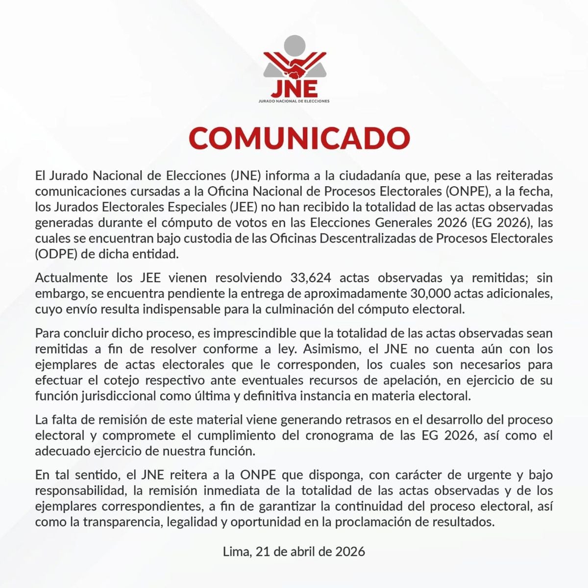 Comunicado del JNE.