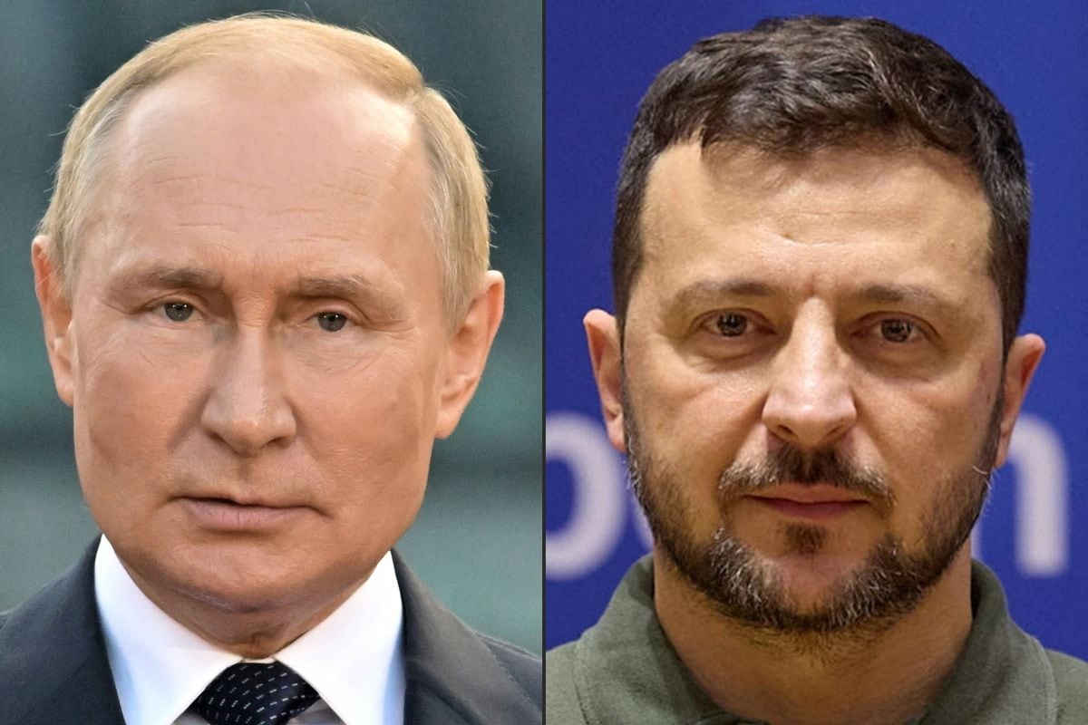 Imagen del presidente ucraniano Volodymyr Zelensky y del presidente ruso Vladimir Putin. Foto: Ilya PITALEV / SPUTNIK / UKRAINIAN PRESIDENTIAL PRESS SERV / AFP
