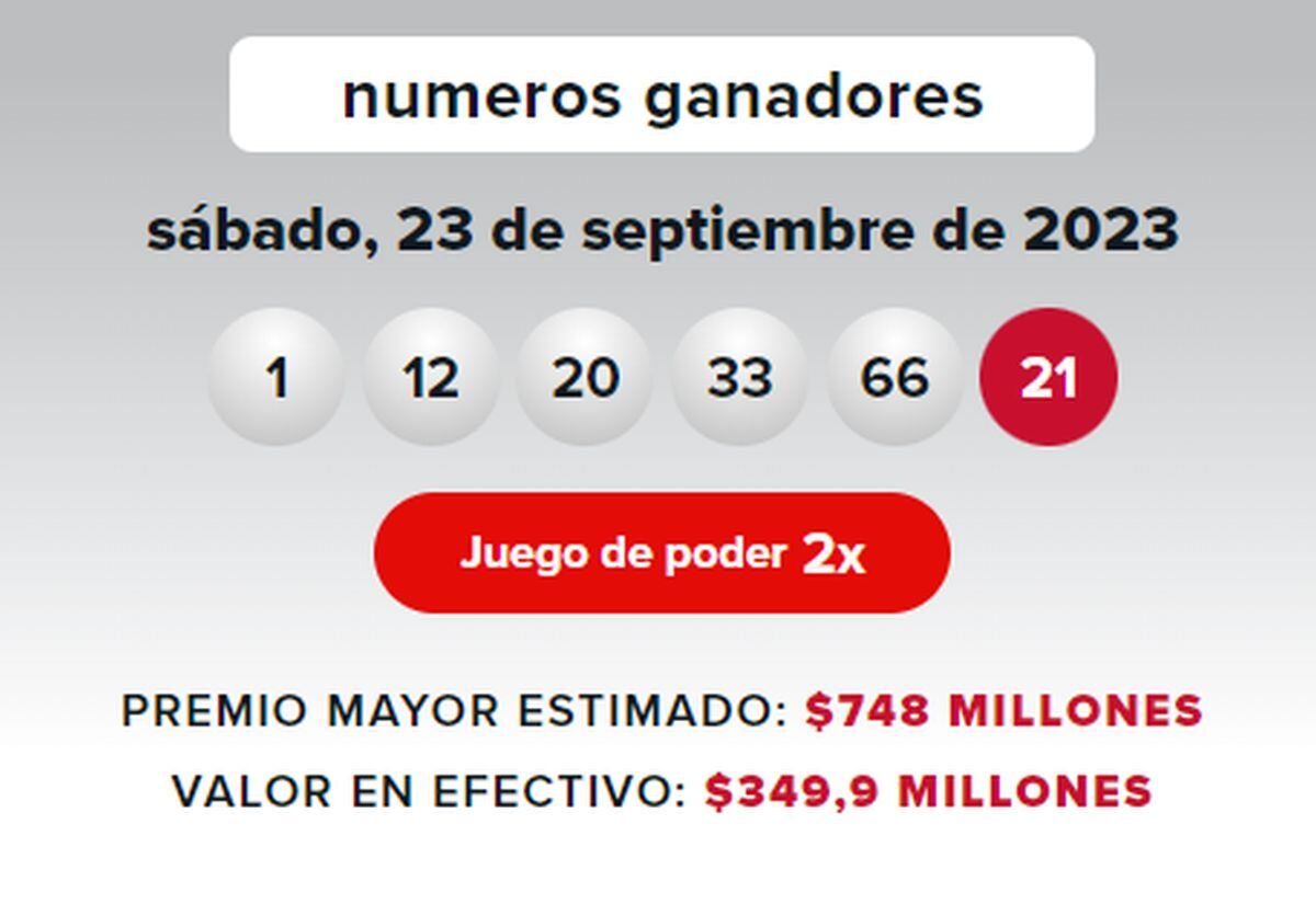 Números ganadores del sorteo del 23 de septiembre (Foto: Powerball)