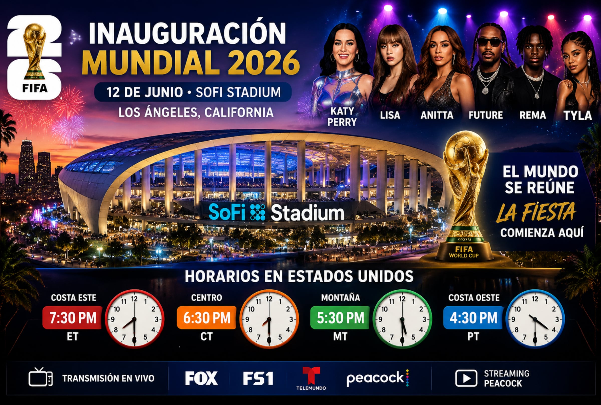INGLEWOOD, CALIFORNIA (ESTADOS UNIDOS), 12/06/2026.- Lista de horarios de diferentes países del mundo para ver la ceremonia de inauguración del Mundial 2026 a realizarse este viernes 12 de junio en el SoFi Stadium de Inglewood, California. FOTO DE NOÉ YACTAYO CREADA CON IA DE CHATGPT PARA GESTIÓN MIX