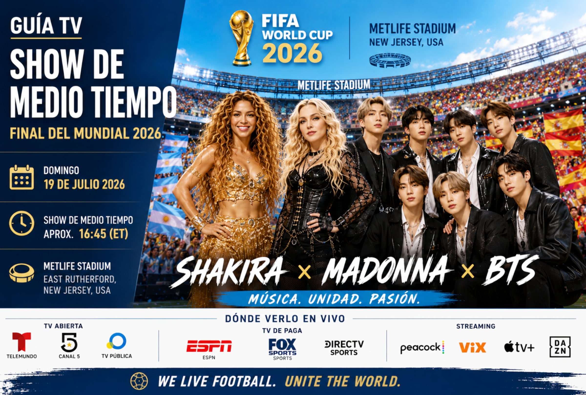 EAST RUTHERFORD, NUEVA JERSEY (ESTADOS UNIDOS), 19/07/2026.- Lista de canales de televisión y servicios streaming para ver el show de medio tiempo de la final del Mundial 2026 EN VIVO, ONLINE y EN DIRECTO hoy por la gran final del Mundial 2026 en el MetLife Stadium de East Rutherford, Nueva Jersey. FOTO DE NOÉ YACTAYO