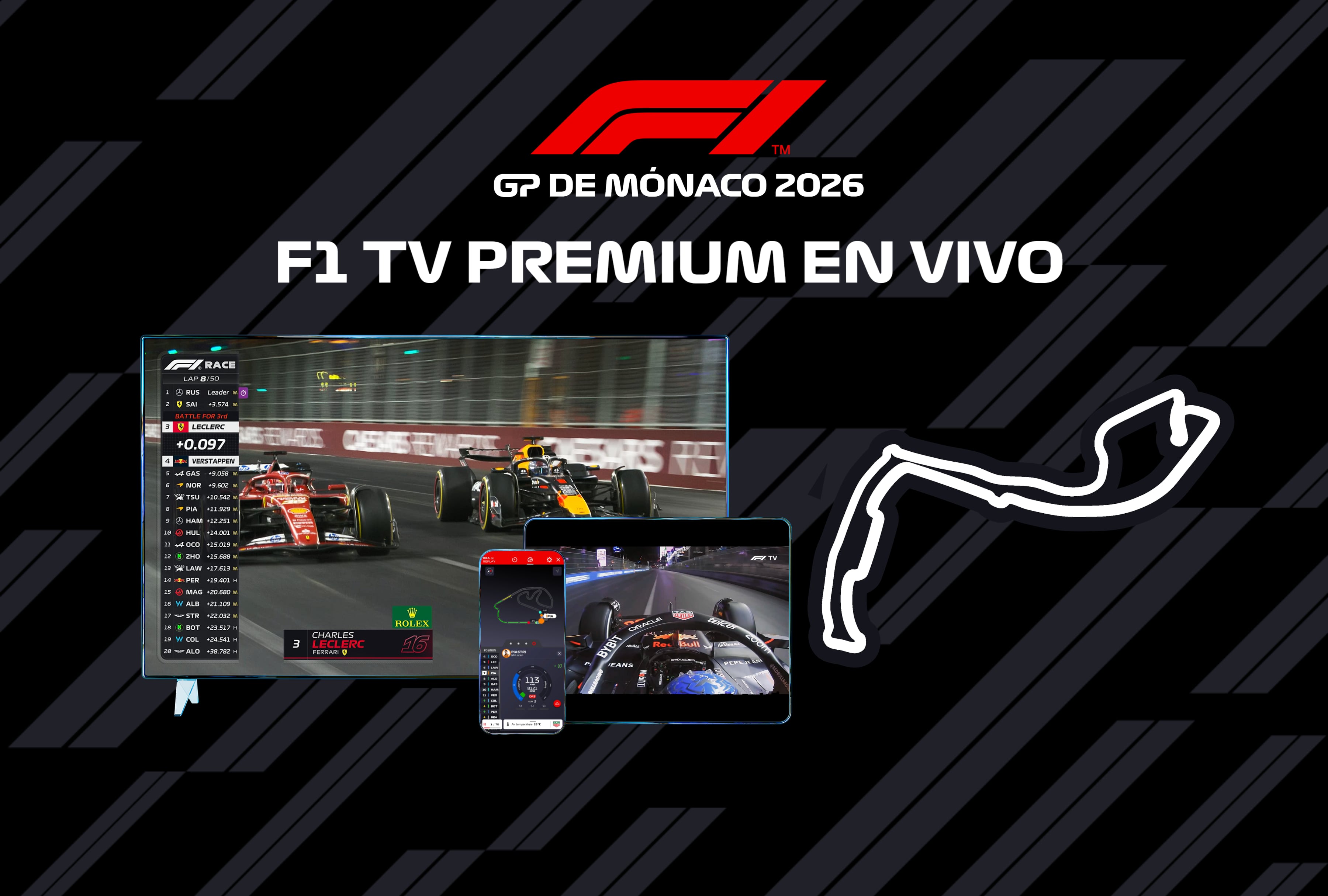 Transmisión digital de la Fórmula 1 en dispositivos móviles. Sepa dónde ver la carrera del GP de Mónaco 2026 en vivo en directo por streaming TV y online desde USA y México mediante la señal y suscripción oficial de F1 TV hoy. | Crédito: formula1.com / Composición Mag