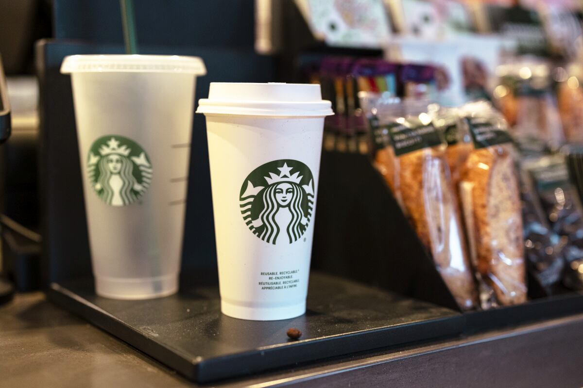 A reusable cup for sale at a Starbucks coffee shop in Albany, New York, US, on Tuesday, Jan. 30, 2024. Starbucks Corp. released earnings figures on January 30.