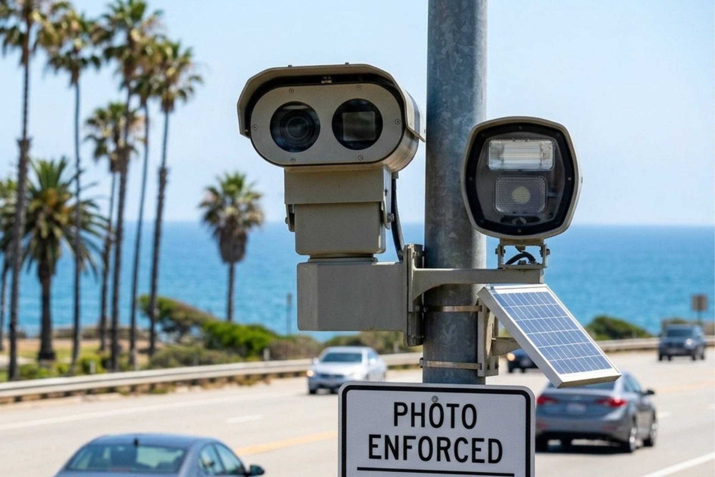 Tras la aprobación de una nueva ley en California, se instalarán estas dos cámaras en puntos importantes de la PCH de Long Beach (Foto: Imagen creada por El Comercio MAG usando Gemini)