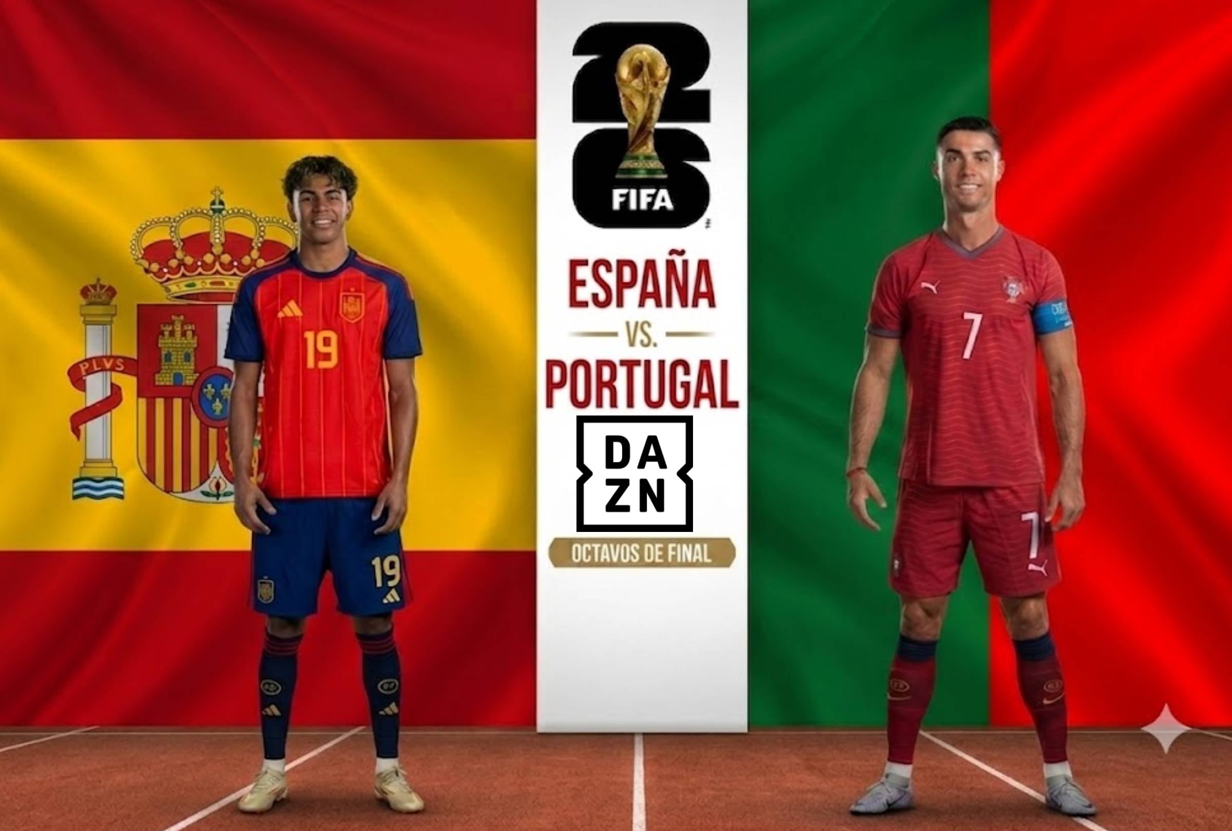 ARLINGTON, Texas, (Estados Unidos), 6/07/2026.- DAZN transmitirá EN DIRECTO el partido España vs. Portugal hoy por los octavos de final del Mundial 2026 desde AT&T Stadium, Estadio Dallas, Arlington, Texas. Imagen creada por Gemini.