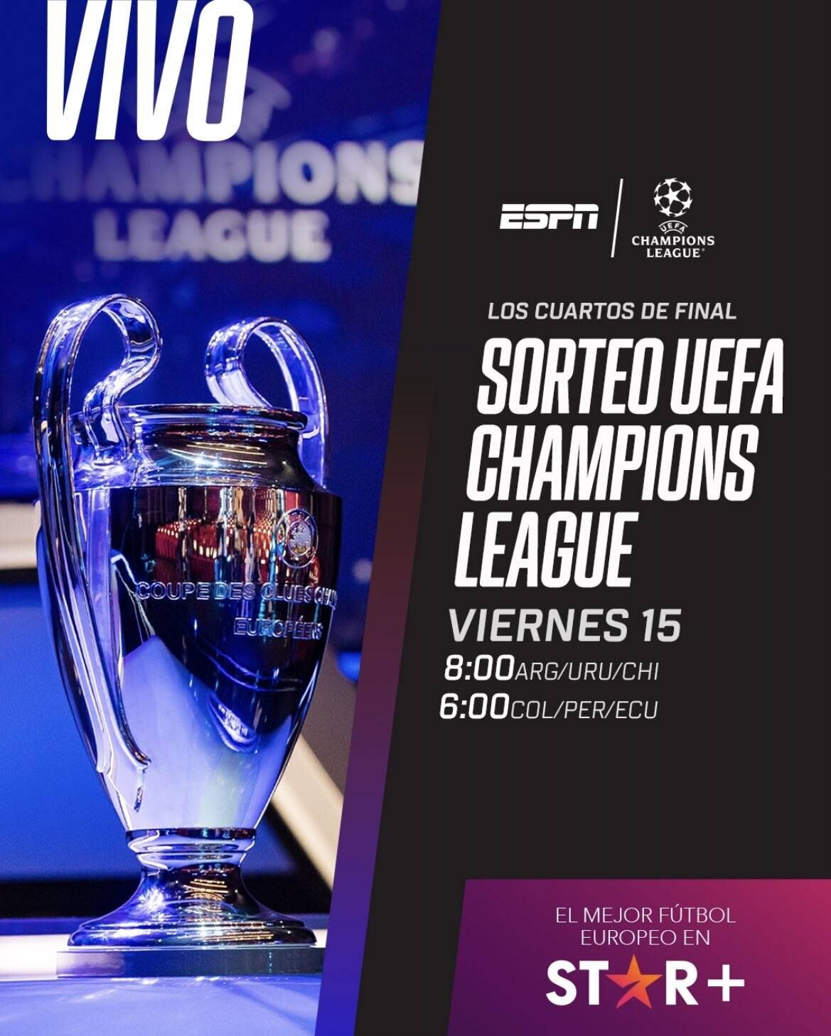 Mira el sorteo de los cuartos de final de la UEFA Champions League en Latinoamérica a través de Star+ (ESPN) este viernes 15 de marzo desde Nyon, Suiza. (Foto: ESPN)