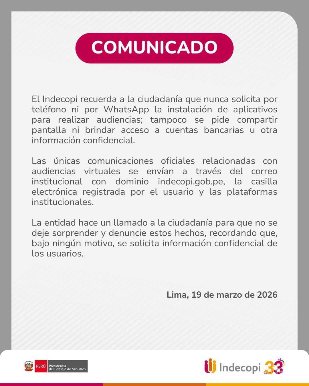 Comunicado de Indecopi. Foto: Facebook.