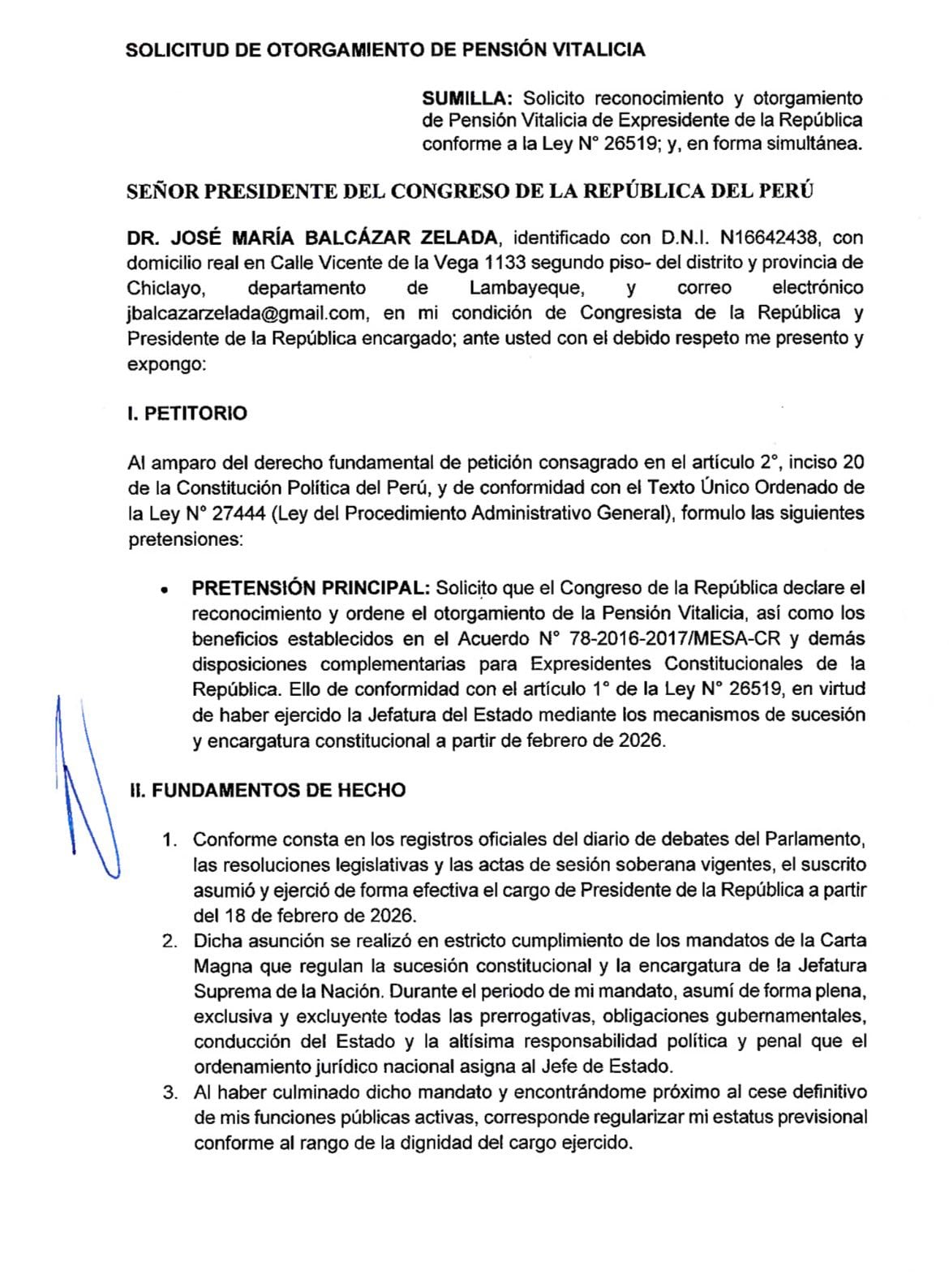 Balcázar pidió al presidente del Congreso, Fernando Rospigliosi, admitir a trámite su solicitud. Foto: difusión / La Encerrona