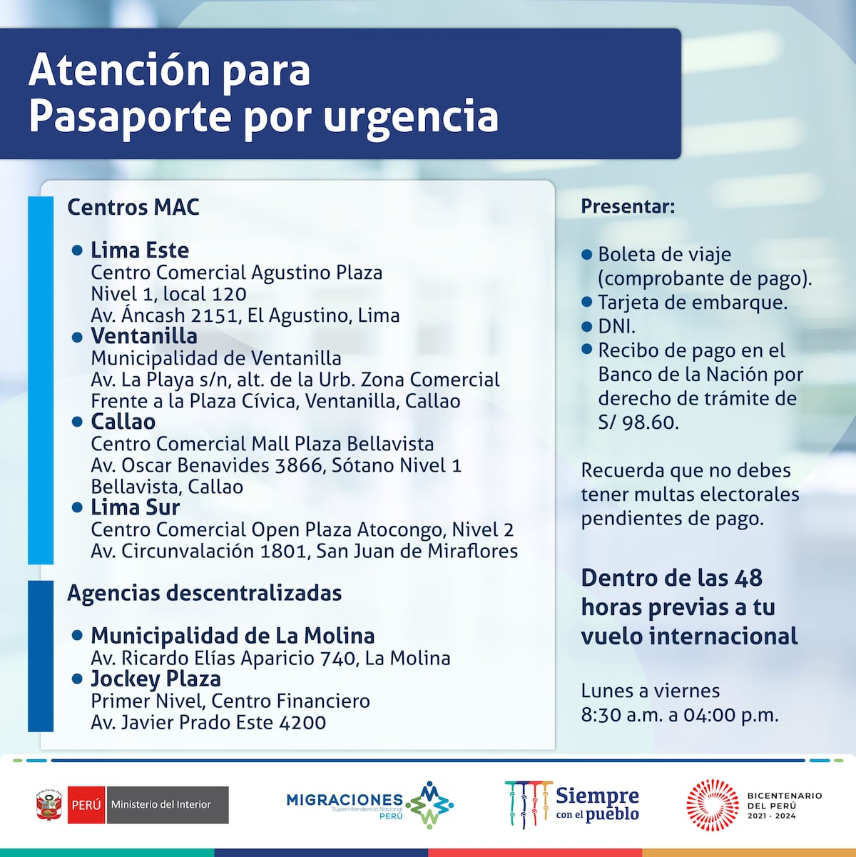 Atención para tramitar pasaporte por urgencia, según Migraciones.