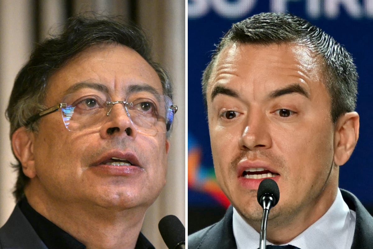 El presidente de Colombia, Gustavo Petro; y el mandatario de Ecuador, Daniel Noboa, se acusan mutuamente. (Oliver CONTRERAS / Martin BERNETTI / AFP)