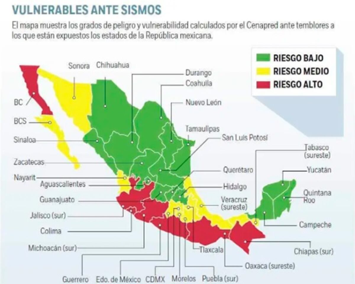 Mapa sísmico de México donde podrás ver los estados donde hay mayor y menor riesgo de producirse temblores, según datos oficial del SSN.
