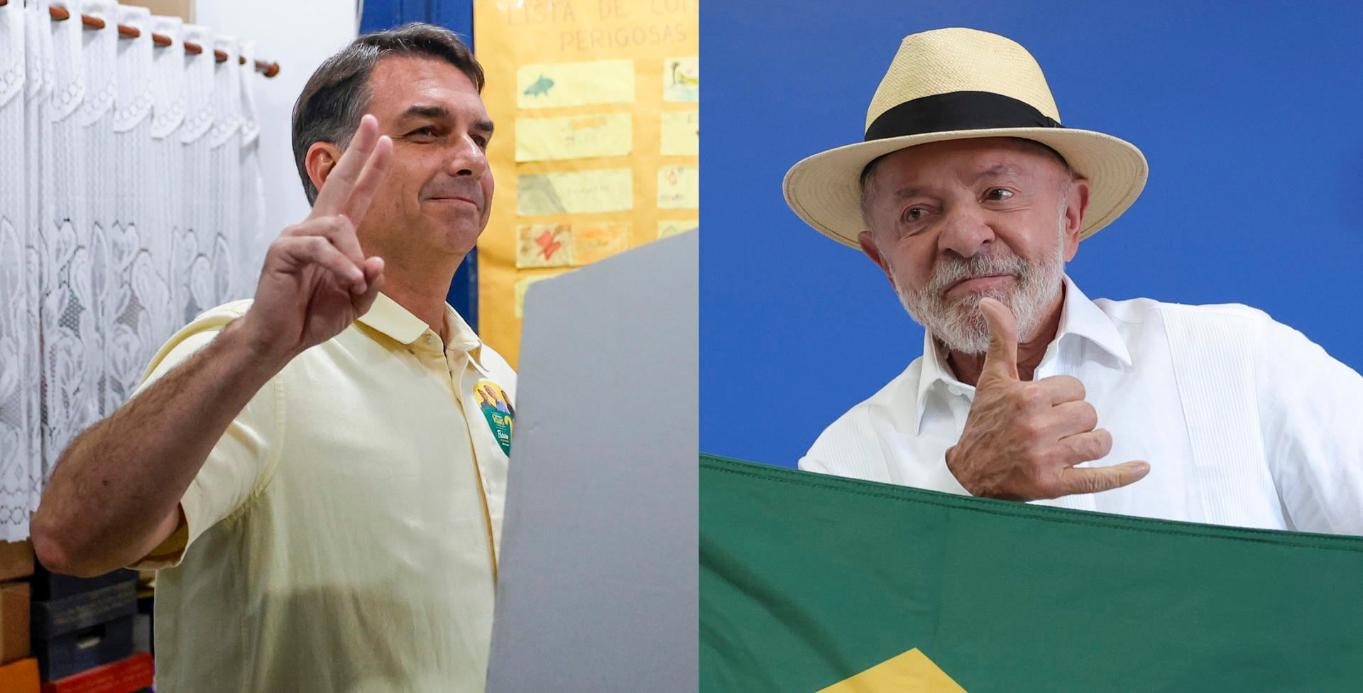 El presidente de Brasil Luiz Inácio Lula da Silva (der), y el senador Flávio Bolsonaro, quienes disputarán la Presidencia en una segunda vuelta electoral el próximo 25 de octubre. (EFE/ Antonio Lacerda / Isaac Fontana).