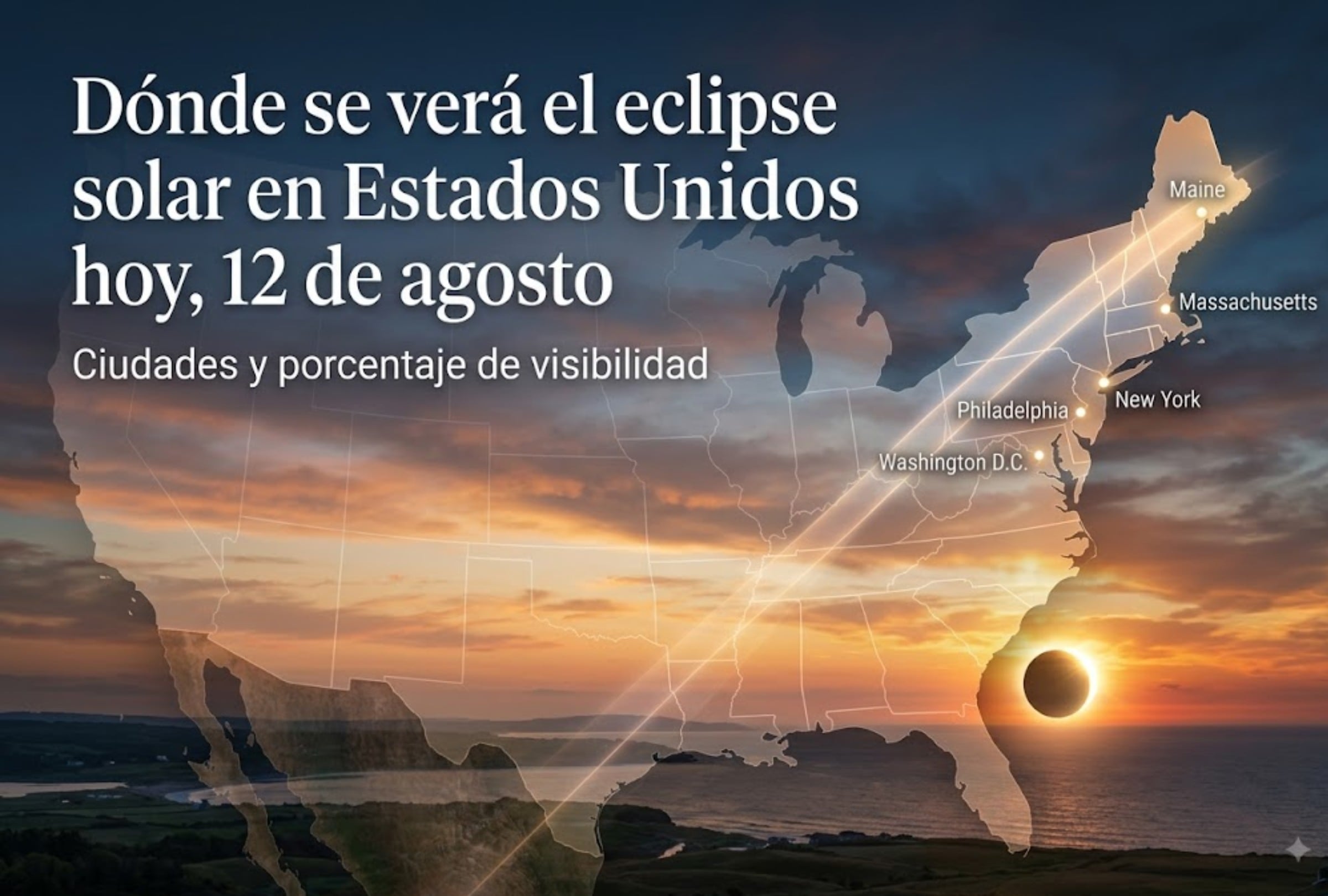 Ciudades en Estados Unidos donde se podrá observar el eclipse solar de este miércoles 12 de agosto. El porcentaje de visibilidad por estados. FOTO: Imagen creada por la IA de Gemini.