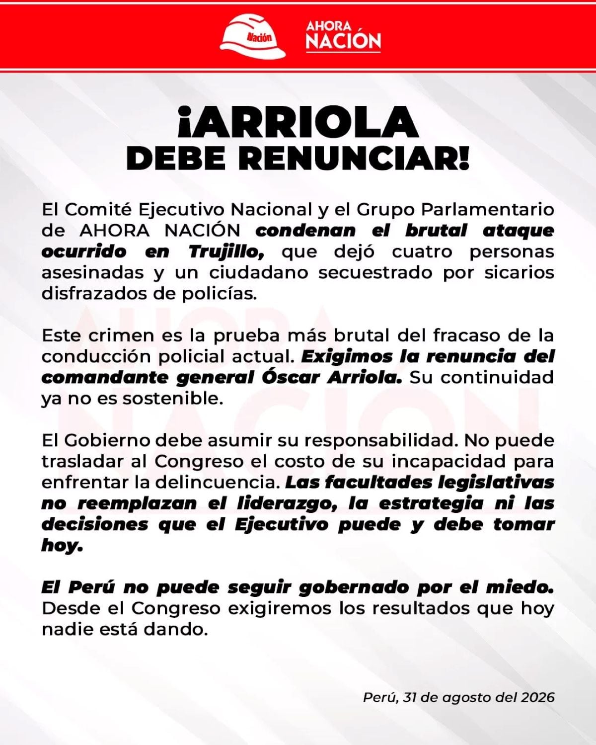Comunicado de Ahora Nación. Foto: X.