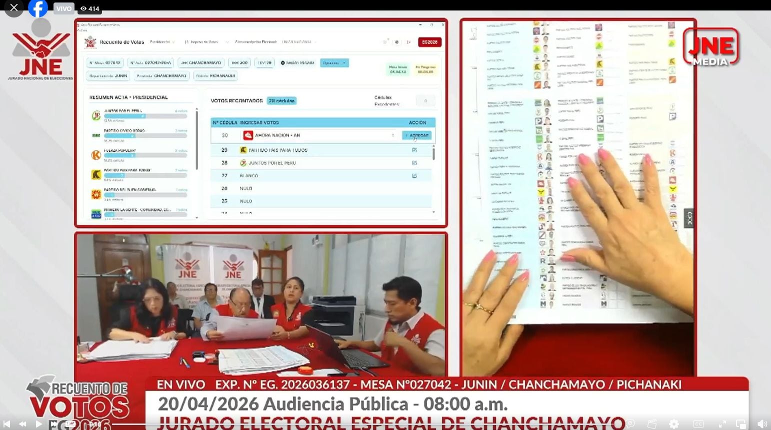 Audiencias públicas de los JEE para la revisión de actas tras elecciones presidenciales 2026. Foto: Captura JNE