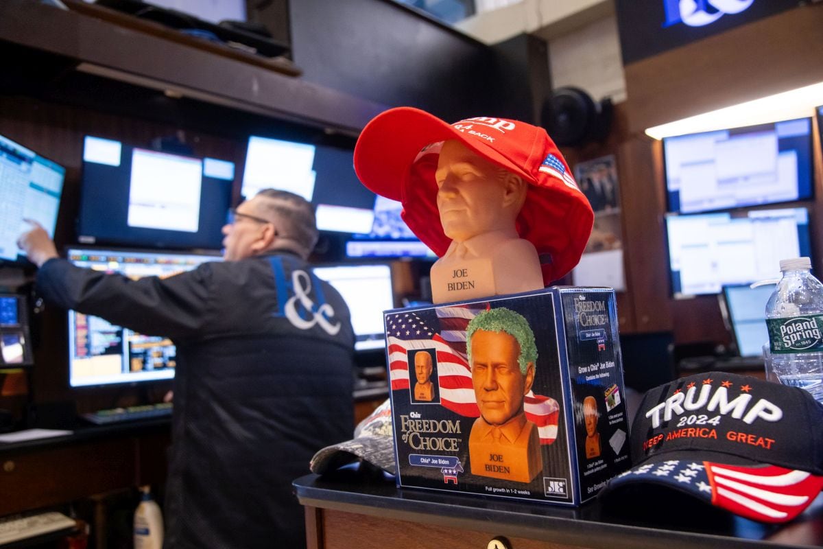 Joe Biden and Donald Trump merchandise on the floor of the New York Stock Exchange. Photographer: Michael Nagle/Bloomberg