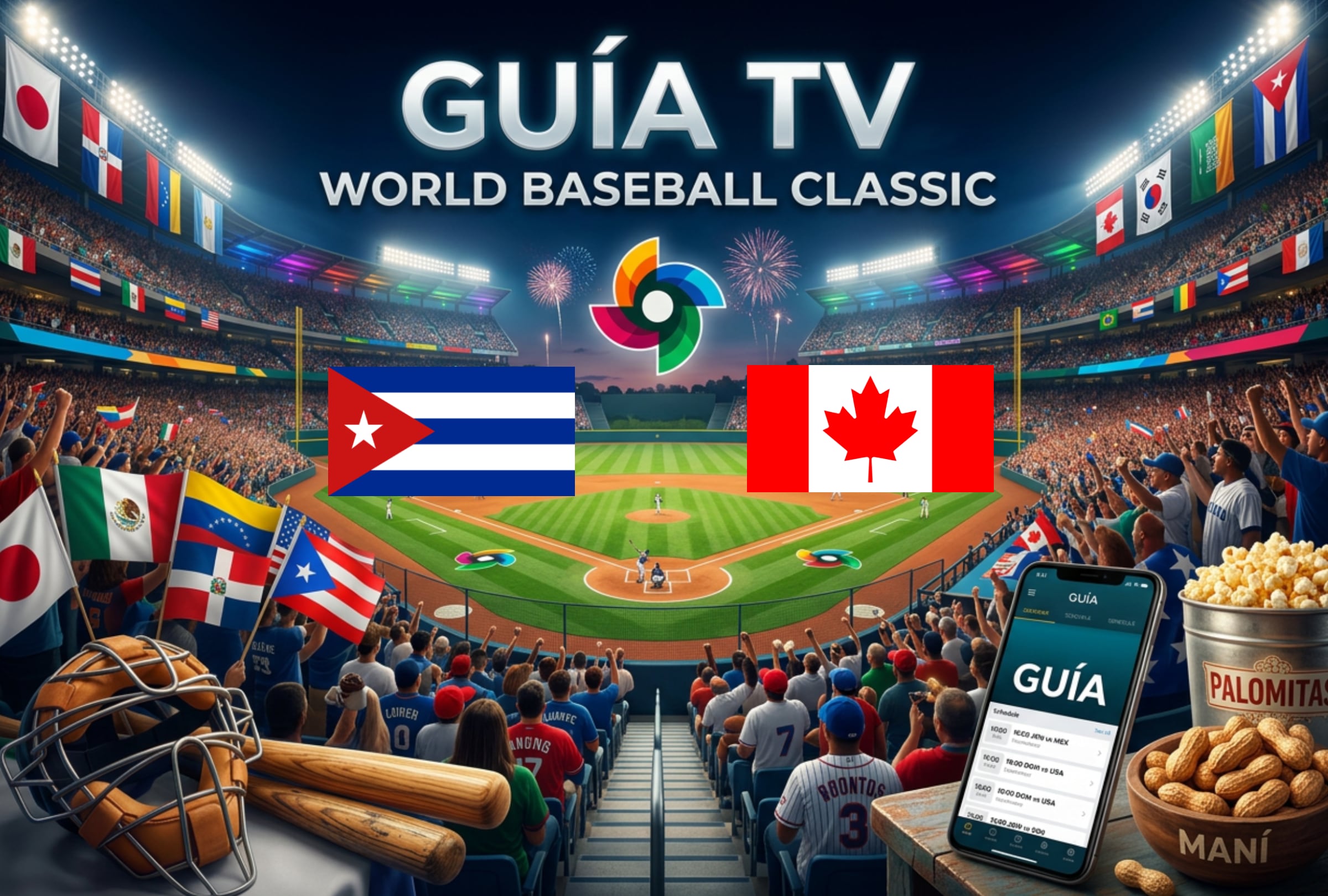 SAN JUAN (PUERTO RICO), 11/03/2026.- Consulta los horarios y los canales de televisión para ver el juego de Cuba y Canadá este miércoles 11 de marzo por la quinta entrada del Grupo A en el Clásico Mundial de Béisbol 2026. FOTO CREADA POR NOÉ YACTAYO CON PERPLEXITY AI PARA MAG DE EL COMERCIO