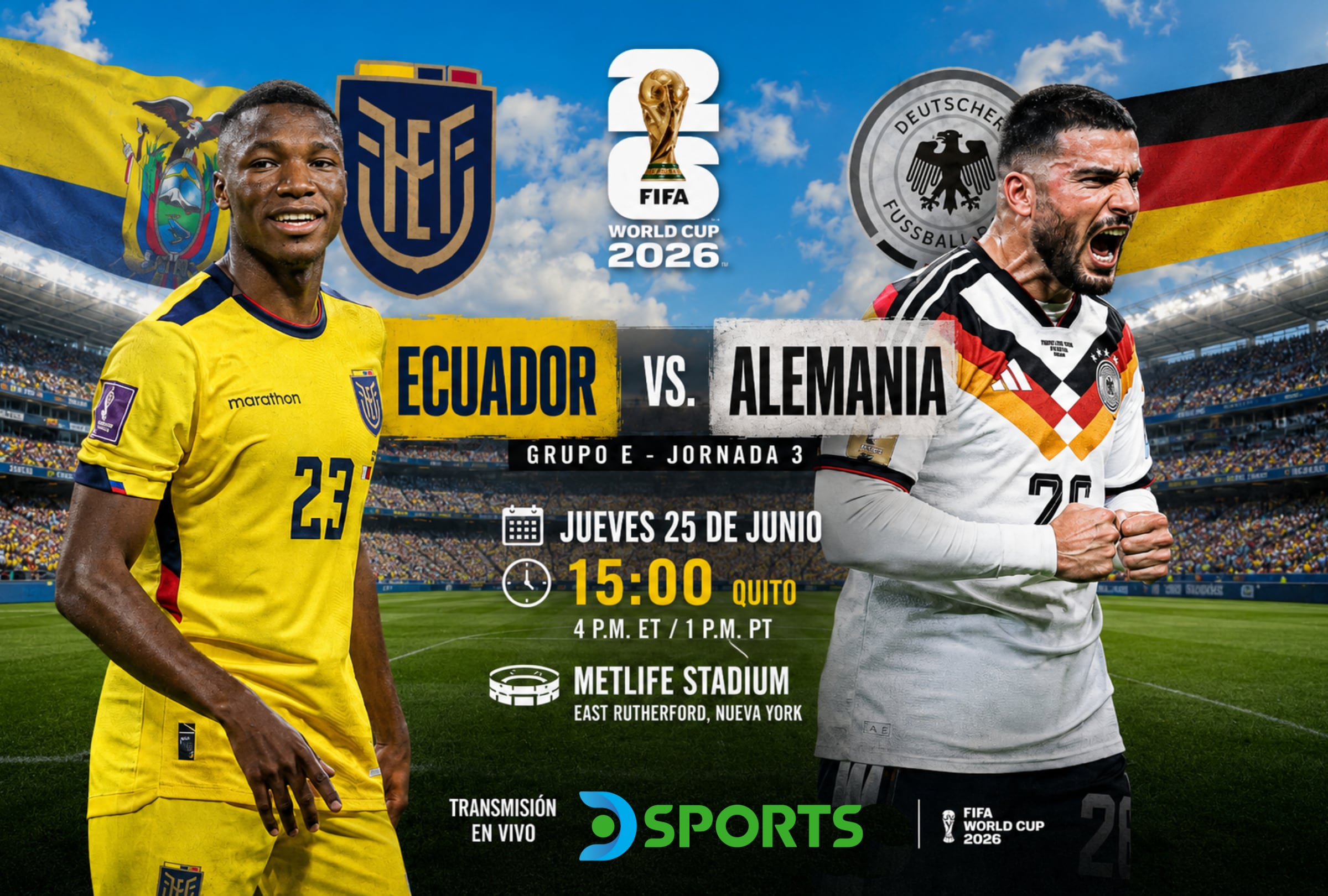 EAST RUTHERFORD, NUEVA YORK (ESTADOS UNIDOS), 25/06/2026.- Cobertura oficial de DIRECTV EN VIVO ONLINE para ver el partido Ecuador vs. Alemania hoy por la fecha 2 del grupo E del Mundial 2026 en el MetLife Stadium de East Rutherford, Nueva York. FOTO DE NOÉ YACTAYO