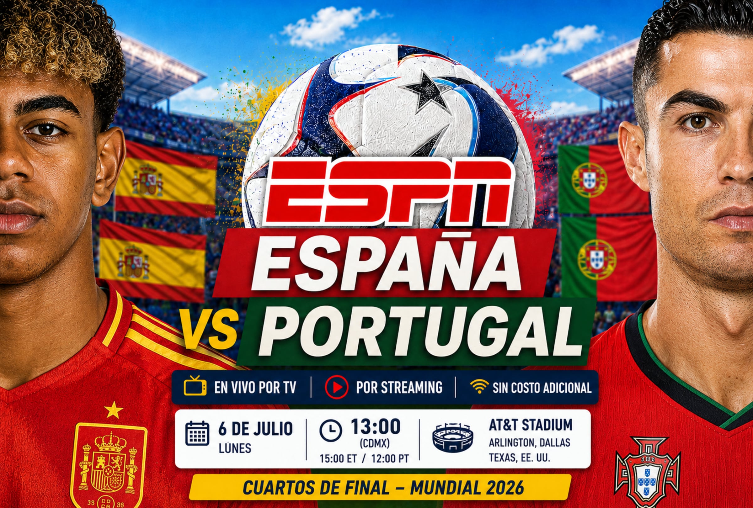 DALLAS, TEXAS (ESTADOS UNIDOS), 06/07/2026.- Cobertura oficial de ESPN (DISNEY PLUS PREMIUM) EN VIVO ONLINE para ver la transmisión del partido España vs. Portugal hoy, con Lamine Yamal y Cristiano Ronaldo, por los octavos de final del Mundial 2026 en el AT&T Stadium de Arlington en Dallas, Texas (Estados Unidos). FOTO DE NOÉ YACTAYO