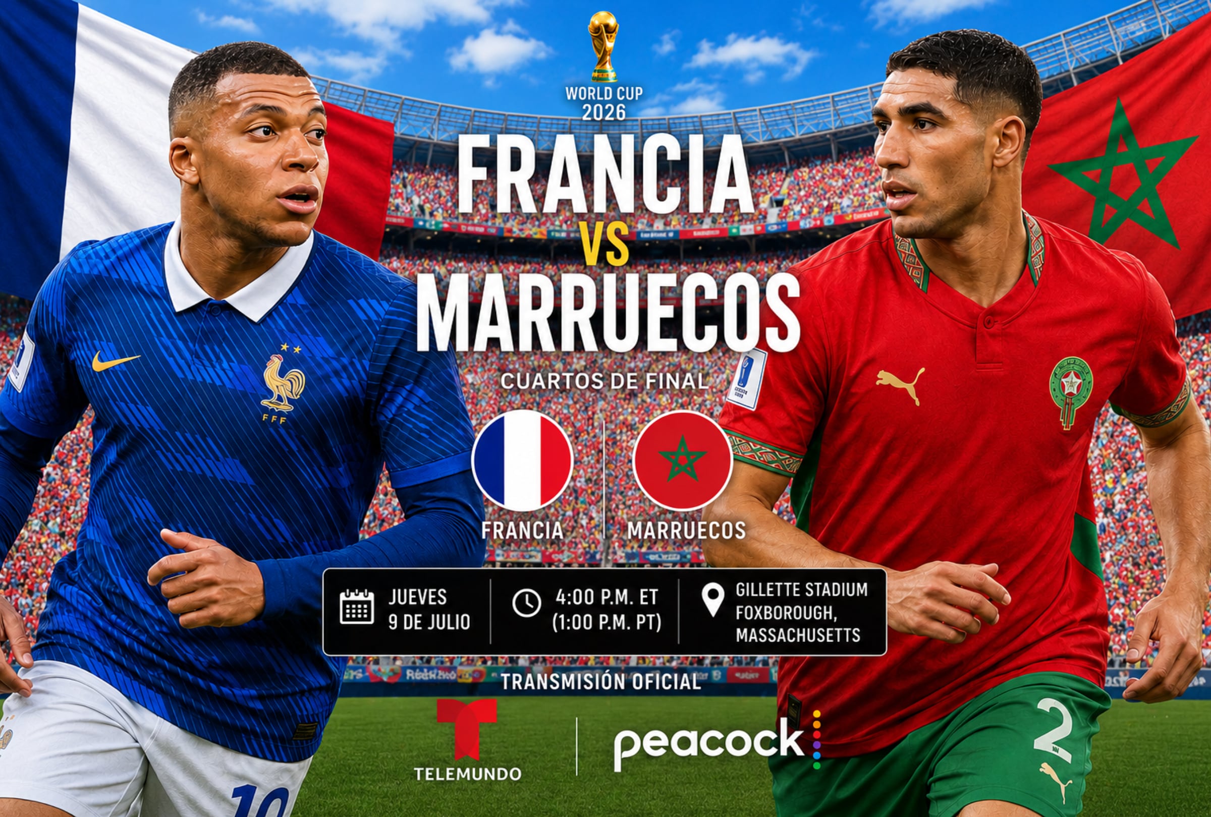FOXBOROUGHT, MASSCHUSETTS (ESTADOS UNIDOS), 09/07/2026.- Cobertura oficial de Telemundo Deportes EN VIVO GRATIS para mirar el partido Francia vs. Marruecos hoy por los cuartos de final del Mundial 2026 en el Gillette Stadium de Foxborough, Massachusetts. FOTO DE NOÉ YACTAYO