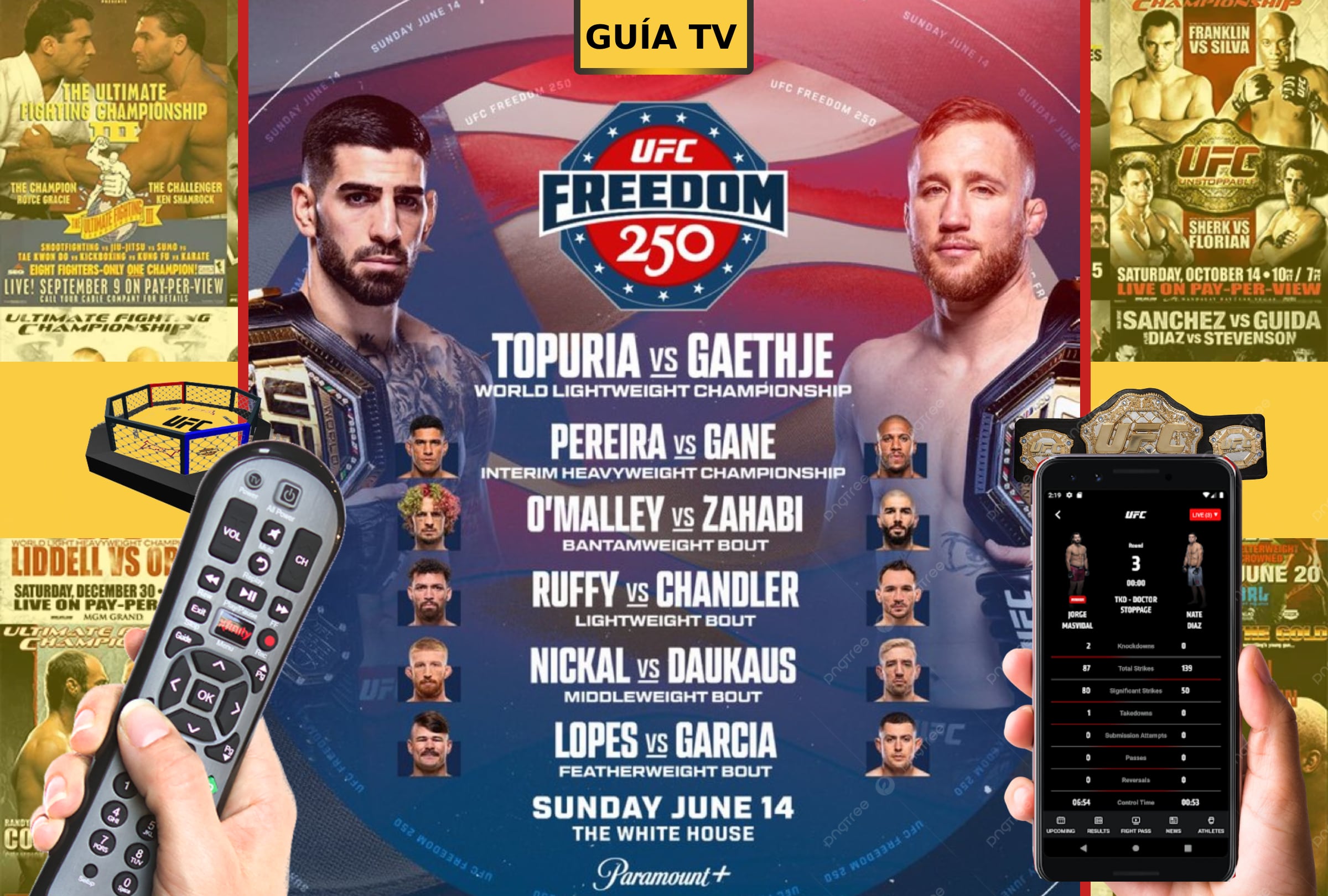 WASHINGTON, DISTRITO DE COLUMBIA (ESTADOS UNIDOS), 14/06/2026.- Lista de canales de televisión y servicios streaming para ver la pelea entre Ilia Topuria y Justin Gaethje este sábado 14 de junio por la cartelera estelar del UFC Freedom 250 en la Casa Blanca. FOTO DE NOÉ YACTAYO CREADA CON IMÁGENES DE UFC.COM PARA MAG DE EL COMERCIO