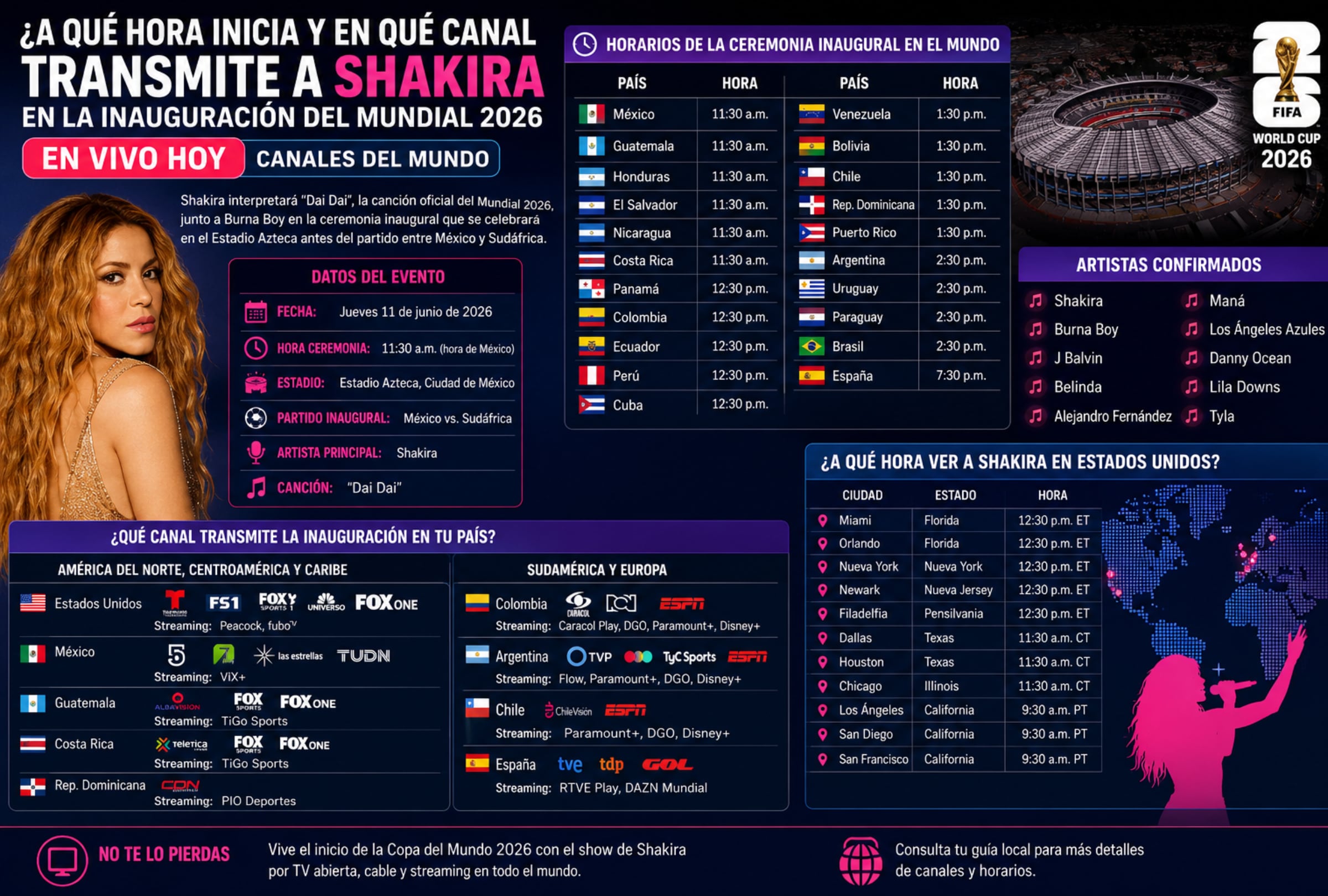 CIUDAD DE MÉXICO (MÉXICO), 11/06/2026.- Estos son los horarios y los canales confirmados para ver la inauguración del Mundial 2026 para este jueves 11 de junio con la actuación de la cantante colombiana Shakira en el Estadio Azteca. FOTO DE NOÉ YACTAYO CREADA CON IA DE CHATGPT PARA DEPOR.COM