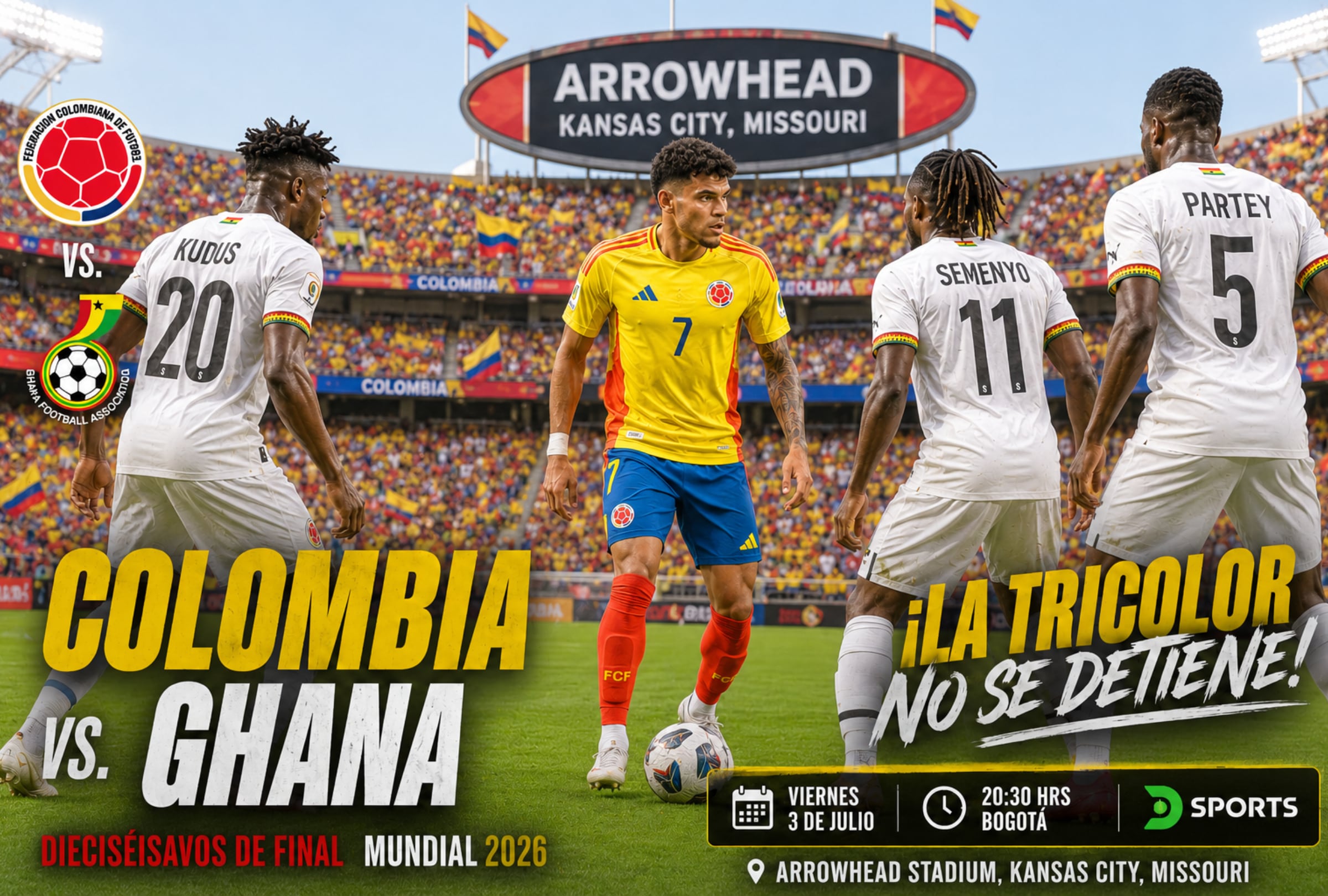 KANSAS CITY, MISURI (ESTADOS UNIDOS), 03/07/2026.- Cobertura oficial de DIRECTV SPORTS (DGO) EN VIVO GRATIS para mirar el partido Colombia vs. Ghana hoy por los dieciseisavos de final de la Copa Mundial FIFA 2026 en el Arrowhead Stadium de Kansas City, Misuri. FOTO DE NOÉ YACTAYO GENERADA CON IA DE CHAT GPT / GROK / GEMINI AI