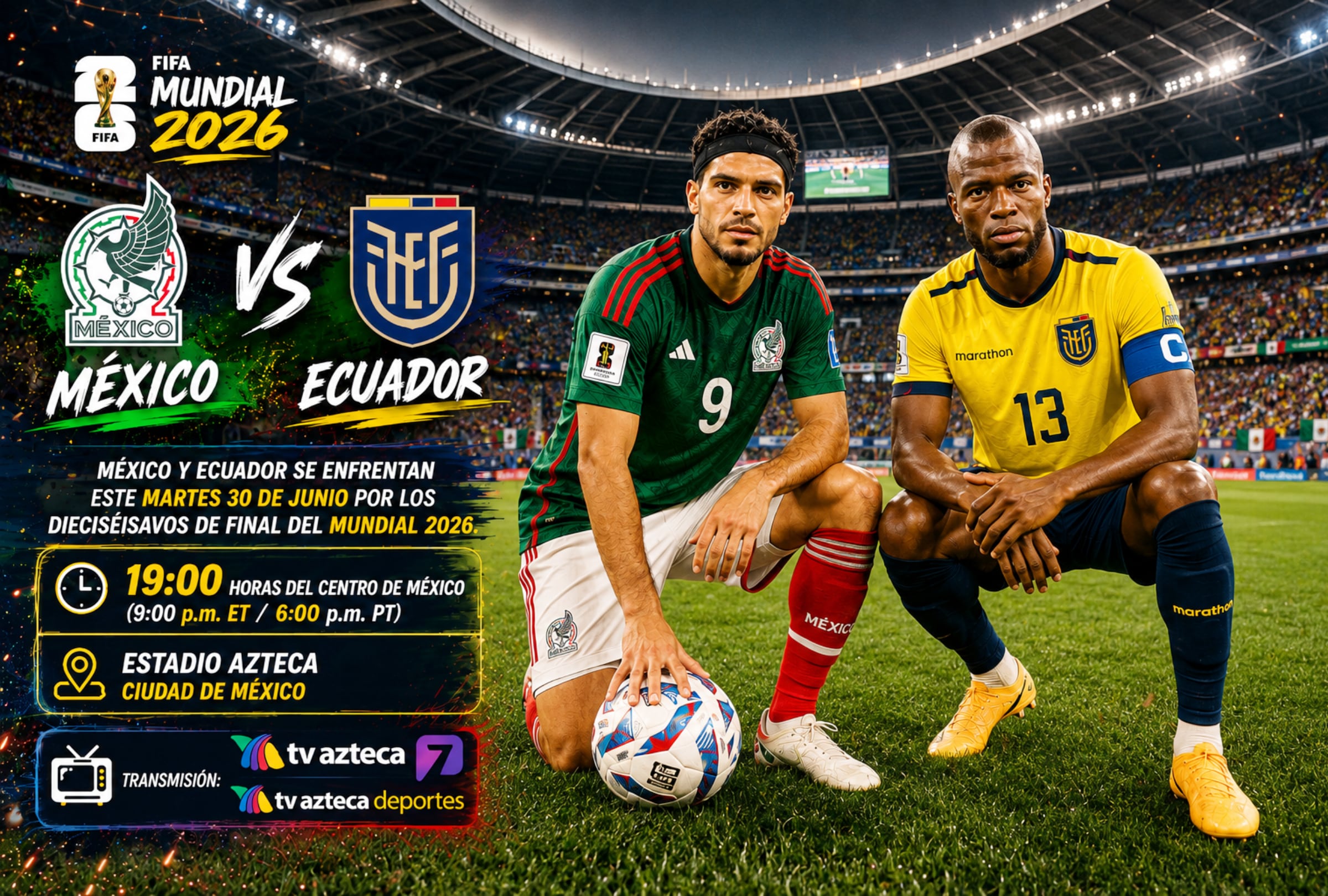 CIUDAD DE MÉXICO, CDMX (MÉXICO), 30/06/2026.- Cobertura oficial de TV AZTECA (Canal 7) EN VIVO GRATIS para ver el partido México vs. Ecuador hoy por los dieciseisavos del Mundial 2026 en el Estadio Azteca de la Ciudad de México. FOTO DE NOÉ YACTAYO