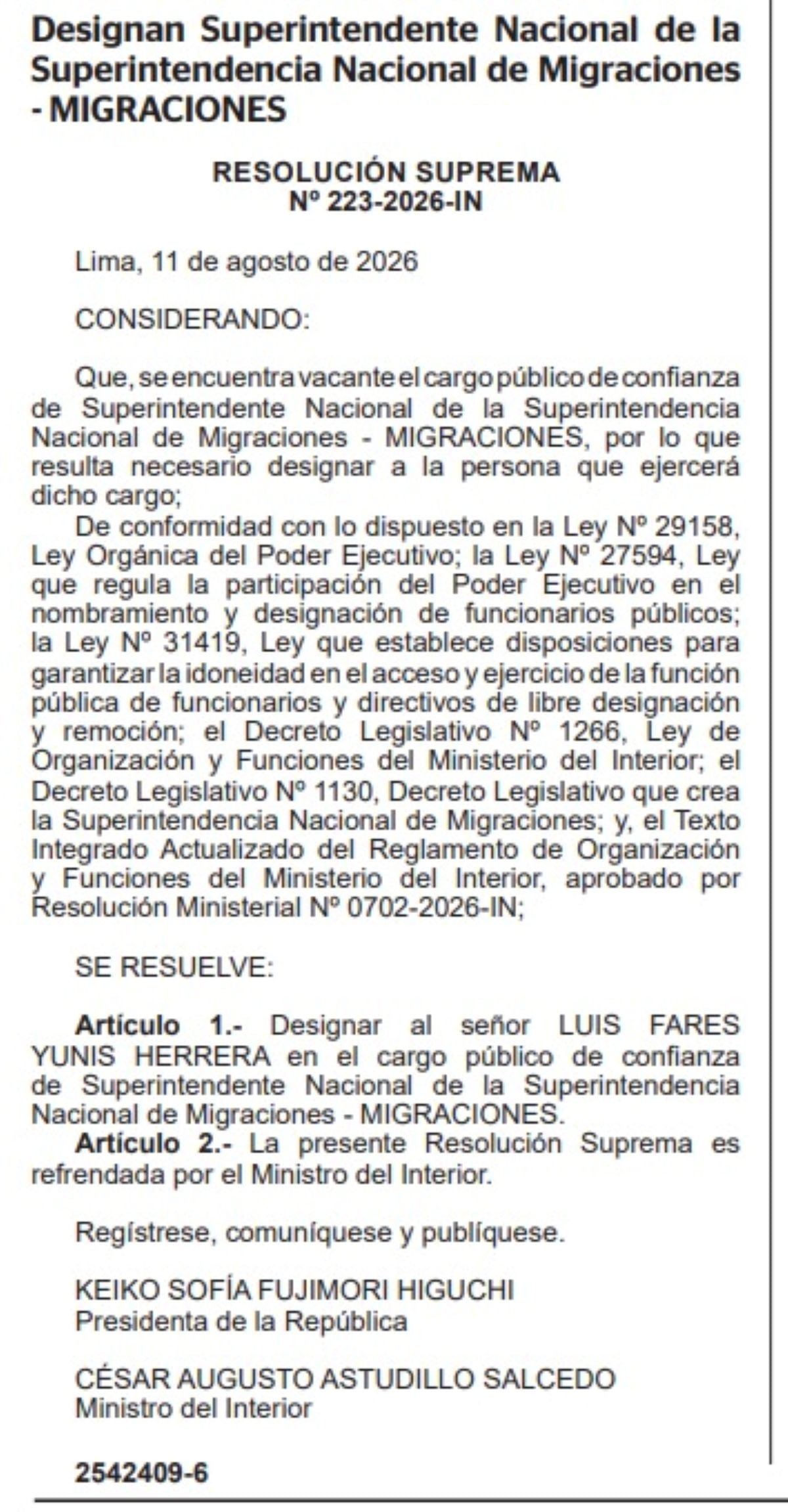Luis Pares Yunis Herrera fue designado como nuevo superintendente nacional de Migraciones. Foto: Normas Legales El Peruano.