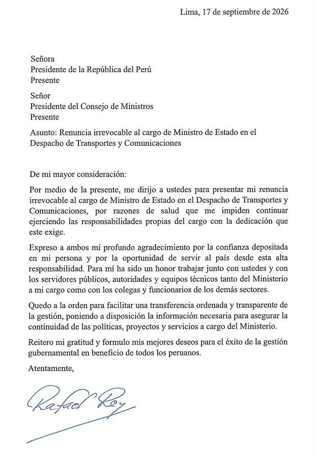 Carta de renuncia de Rafael Rey enviada al presidente del Consejo de Ministros y a la presidenta Keiko Fujimori. Foto: difusión / MTC