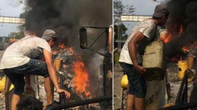 ¿Es cierto o falso que un hombre vertió gasolina sobre un camión en llamas en la frontera con Venezuela?