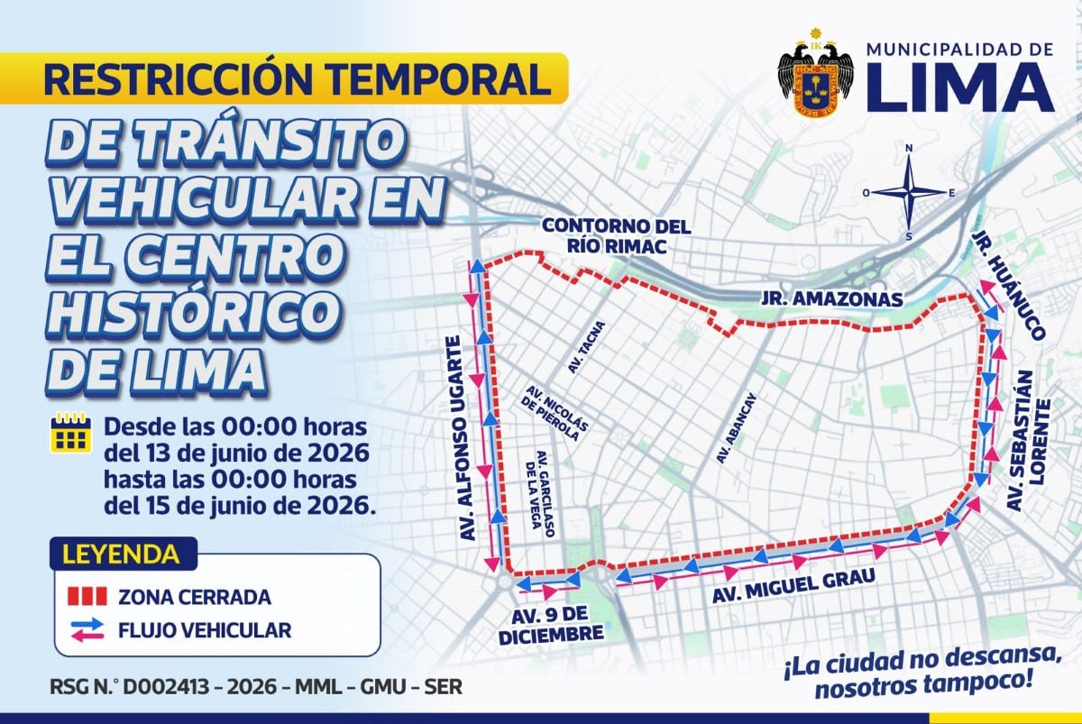 Restricción temporal de tránsito vehicular en el Centro Histórico. Foto: MML