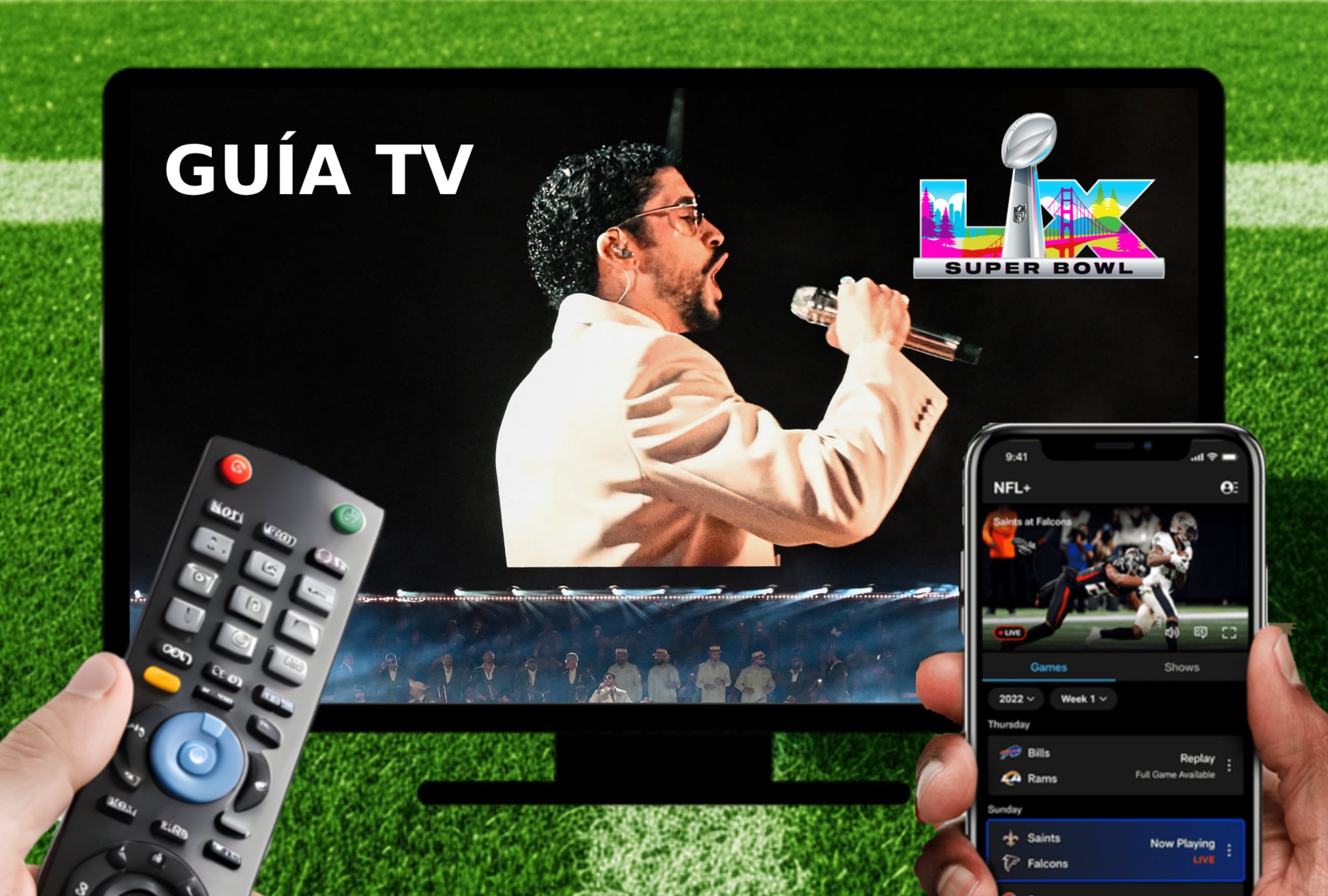 SANTA CLARA, CALIFORNIA (ESTADOS UNIDOS),- Lista de canales de televisión y servicios streaming para ver el show de medio tiempo del Super Bowl 2026 con Bad Bunny este domingo 8 de febrero desde el Levi's Stadium de Santa Clara, California. IMAGEN CREADA POR NOÉ YACTAYO CON FOTOGRAFÍA DE ALFREDO ESTRELLA (AFP)