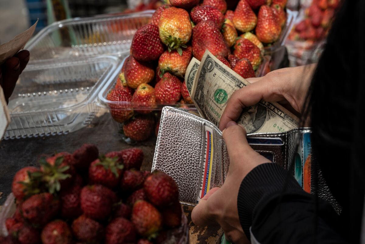 Una mujer guarda su cambio en billetes de un dólar después de comprar fruta en un puesto del mercado municipal Quinta Crespo en Caracas el 25 de agosto de 2022. (Foto de Yuri CORTEZ / AFP)