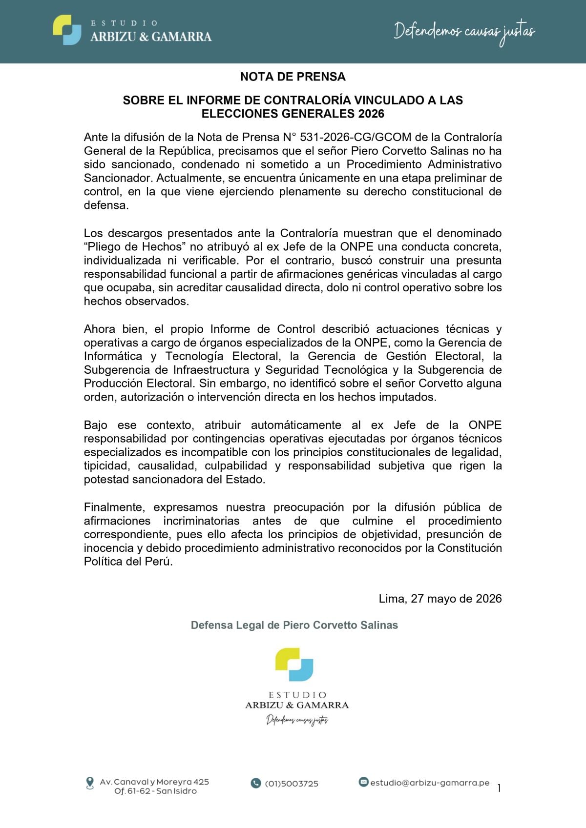 Comunicado de la defensa de Piero Corvetto.