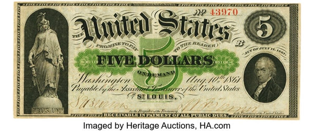 5 dólares 1861 Nota a la vista de St. Louis (Foto: Heritage Auctions, HA.com)