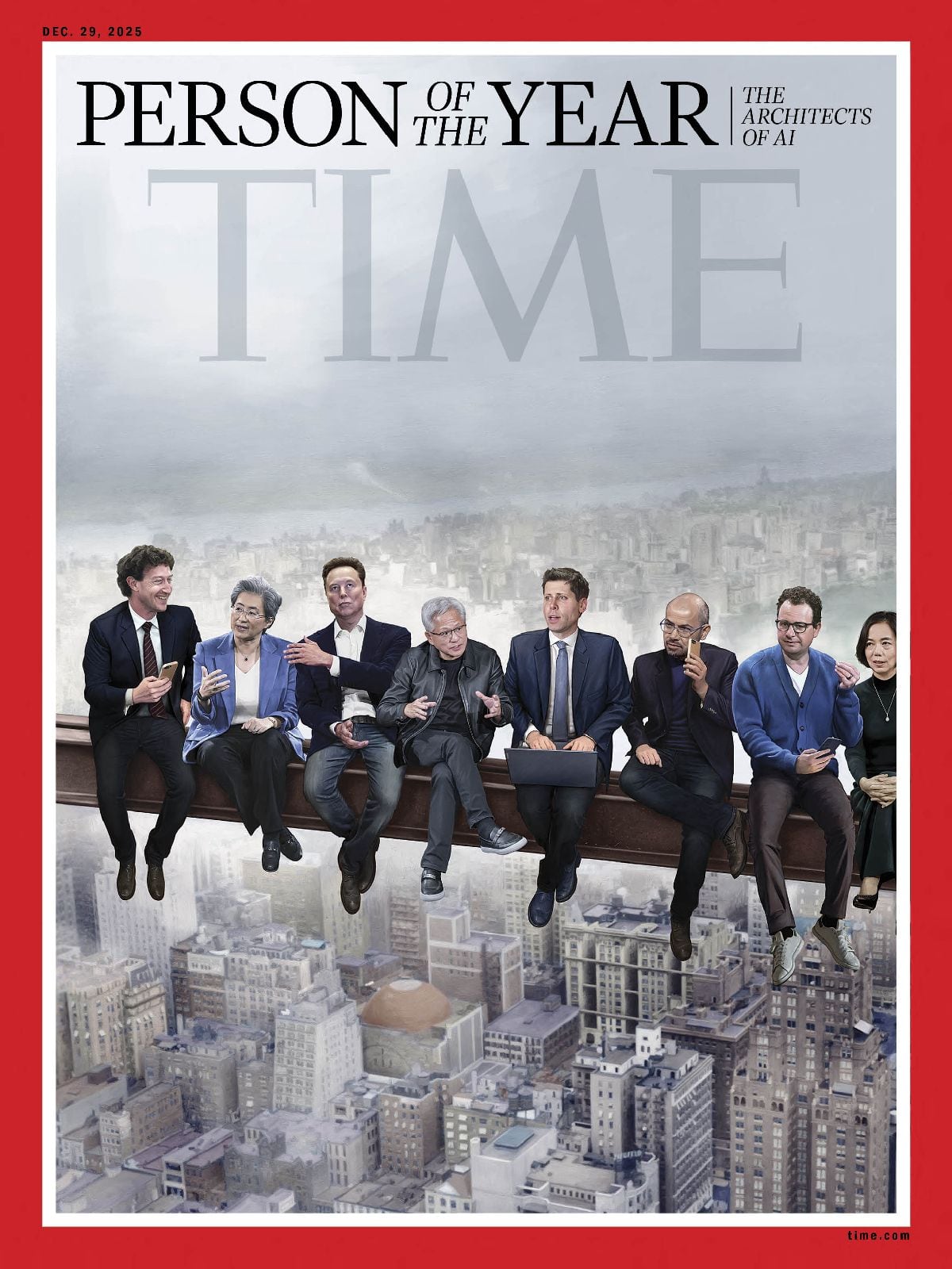 Esta imagen de portada de revista, cortesía de TIME/Persona del Año de TIME, obtenida el 11 de diciembre de 2025, muestra la portada de la revista TIME, donde se anuncia a los "Arquitectos de la IA" como Persona del Año 2025 de TIME. Presenta una pintura de Jason Seiler para TIME. En la portada, de izq. a der., aparecen Mark Zuckerberg, CEO de Meta; Lisa Su, CEO de Advanced Micro Devices; Elon Musk, CEO de xAI; Jensen Huang, CEO y presidente de Nvdidia; Sam Altman, CEO de Open AI; Demis Hassabis, CEO de DeepMind Technologies; Dario Amodei, CEO de Anthropic; y Fei-Fei Li, CEO de World Labs.