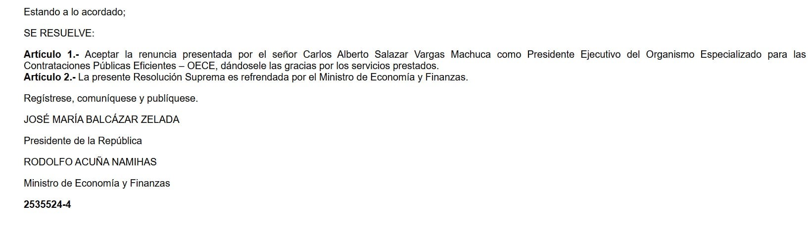 A través del Diario El Peruano, se oficializó la renuncia Carlos Alberto Salazar Vargas Machuca como Presidente Ejecutivo del OECE. Foto: El Peruano