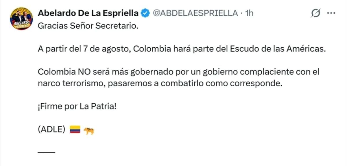 Abelardo de la Espriella anunció que Colombia se sumará al Escudo de las Américas desde el inicio de su mandato. Foto: X.