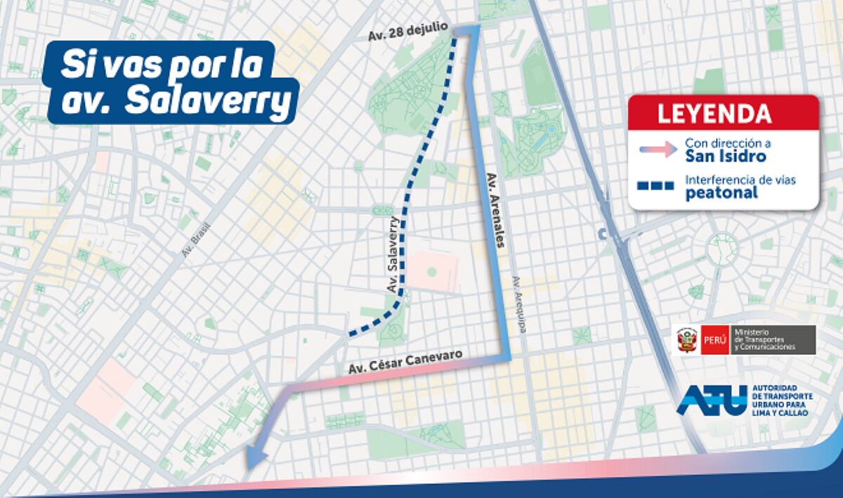Avenida Salaverry (sentido hacia Miraflores): Desvío por las avenidas 28 de Julio, República de Chile, Arenales y César Canevaro. Luego, se retoma Salaverry. Foto: ATU.
