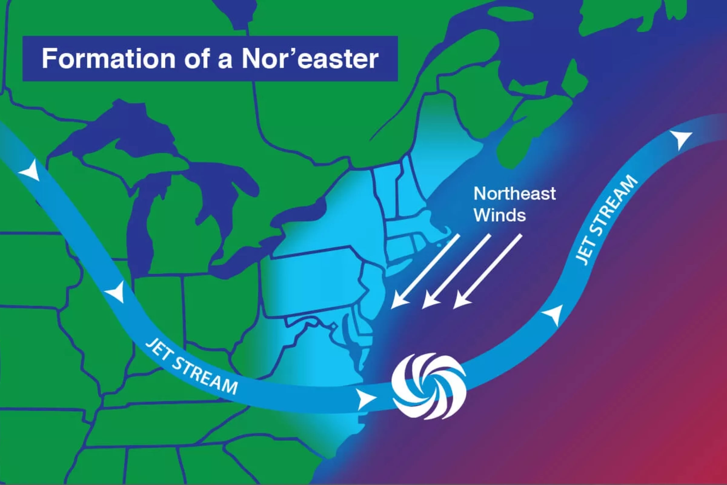Una tormenta del noreste se forma cuando el aire frío, que suele originarse en Canadá, sopla sobre el cálido océano Atlántico frente a la costa este de Estados Unidos. (Crédito: NOAA/JPL-Caltech)
