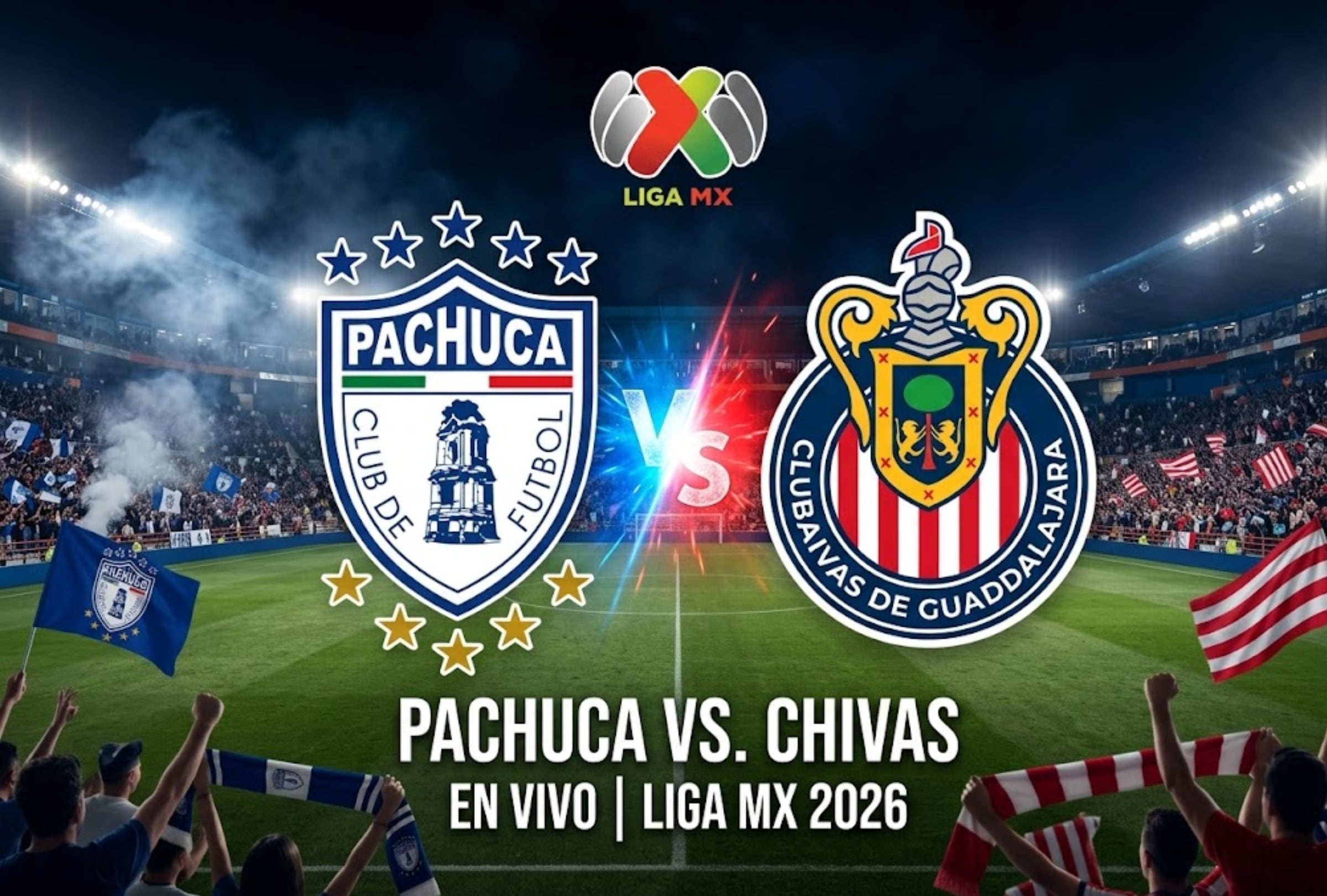 PACHUCA DE SOTO, HIDALGO, MÉXICO, (28/08/2026).- Horarios y canales que transmitirán EN VIVO el partido entre Chivas vs. Pachuca por la Liga MX que se realizará en el Estadio Hidalgo. FOTO: Imagen creada por la IA de Gemini.