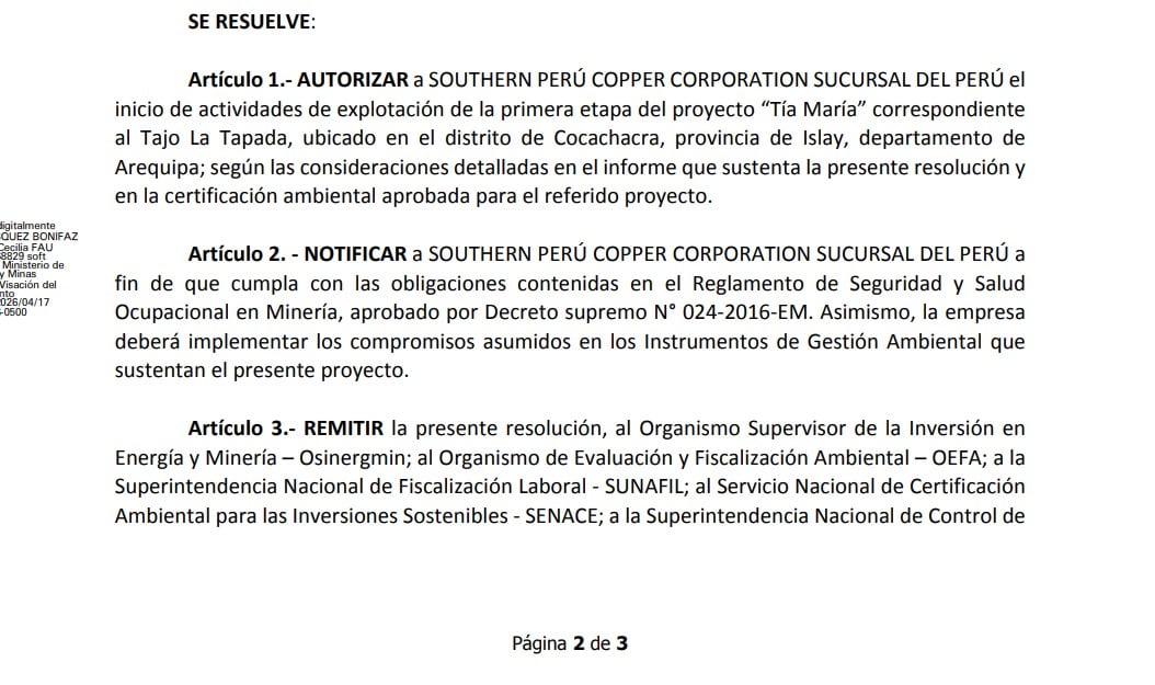 Nueva resolución del MINEM sobre Tía María.