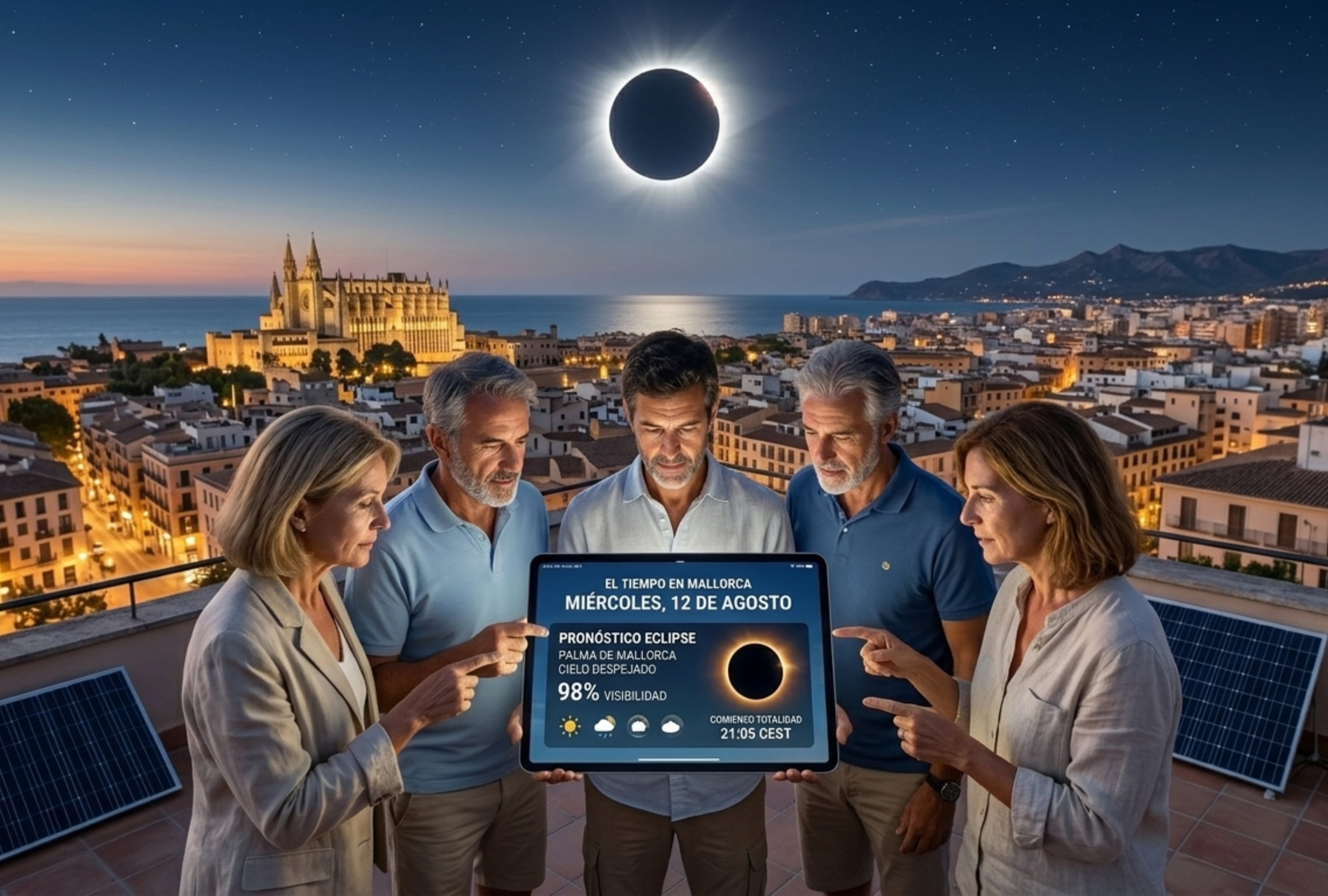 Estado del tiempo en Mallorca para ver el eclipse solar este 12 de agosto. Revisa la previsión de nubes en las Islas Baleares y los horarios clave para disfrutar de la oscuridad total sobre el mar Mediterráneo. | Imagen referencial creada por El Comercio MAG utilizando la IA de ChatGPT / Composición GEC